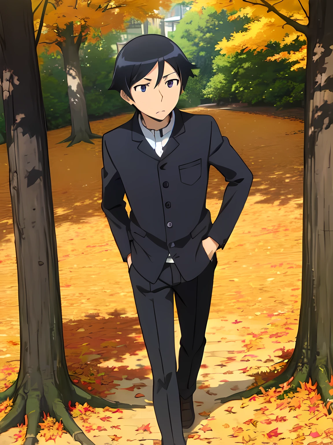 male, Alone, kyousuke kousaka, black hair, male focus, (black eyes:1.5),
Warm sunlight filtering through the trees, A park surrounded by autumn leaves, Autumn coat, Vibrant leaf colour, 