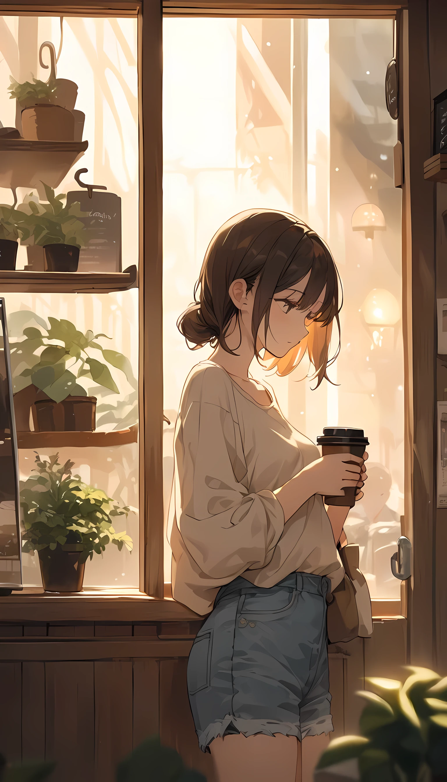 Anime girl holding a cup of coffee looking out a window - SeaArt AI
