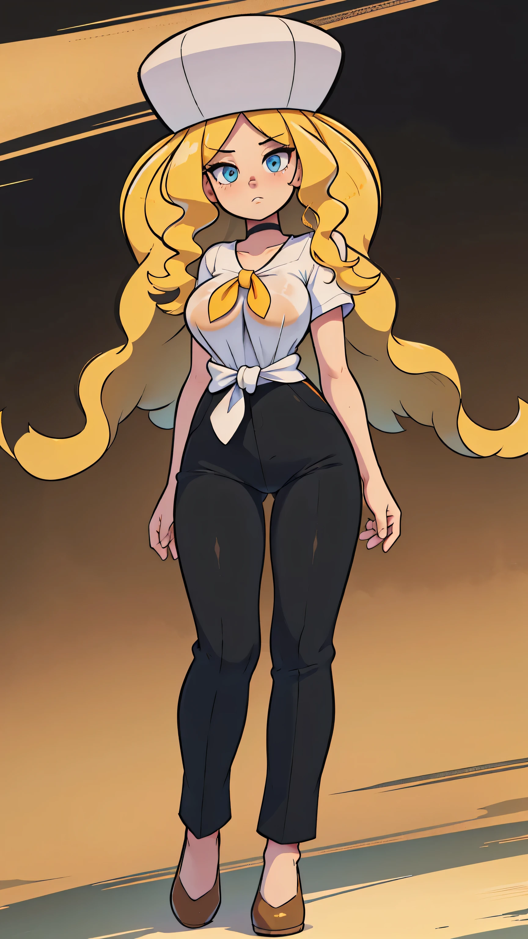 a sexy woman attractive big breast radical youth beautiful long wavy yellow hair wearing cap winter soviet golden her bright colorful eye wears white buttoned blouse tied knot short sleeve and long black pants big thigh sensual long gold heel fight she