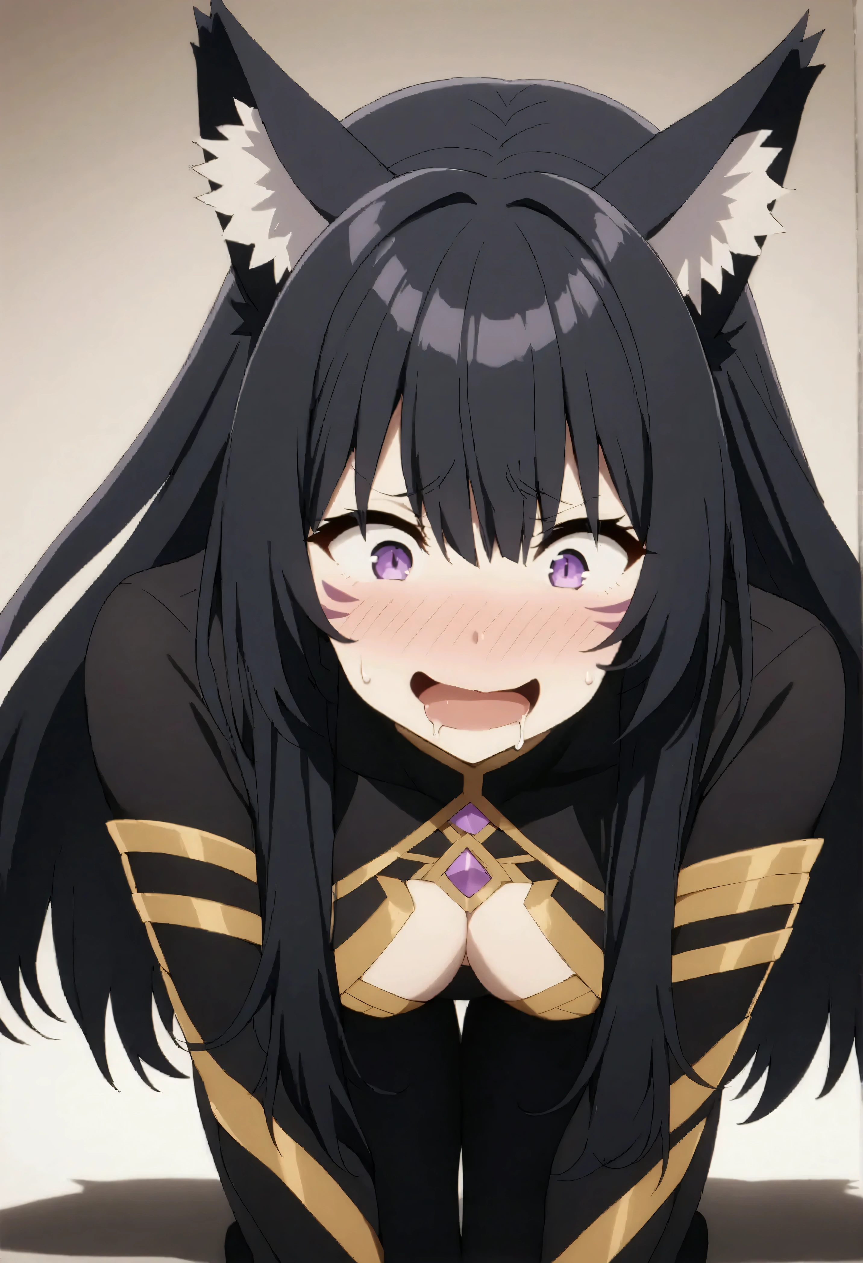 NSFW,masterpiece,Best Quality,High resolution,Very detailed,delta\(I want to be a powerful figure behind the scenes\),Long Hair、Black Hair、Animal ears、Purple Eyes、Cat ears、Animal earsの毛、Face mark、Bodysuits、黒のBodysuits,Ferocious Smile,blush,Excited,Frustrated face,On all fours,Drooling