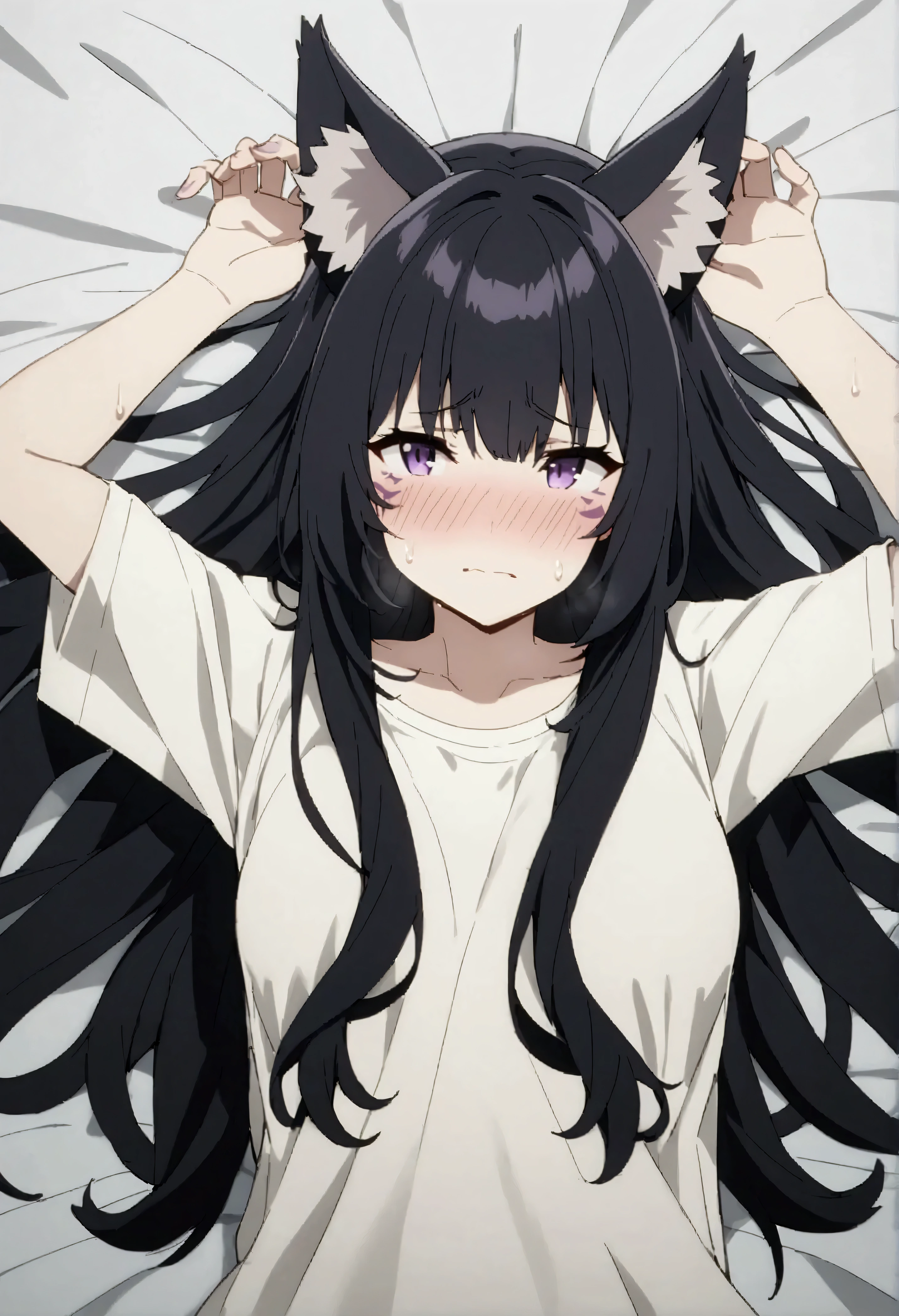 NSFW,masterpiece,Best Quality,High resolution,Very detailed,delta\(I want to be a powerful figure behind the scenes\),Long Hair、Black Hair、Animal ears、Purple Eyes、Cat ears、Animal earsの毛、Face mark、Oversized T-shirt,Lustful face,Frustrated face,blush,Watery eyes,sweat,bed,Lying down,Lying on your back,Raise your arms,Reach out,視聴者に向かってReach out