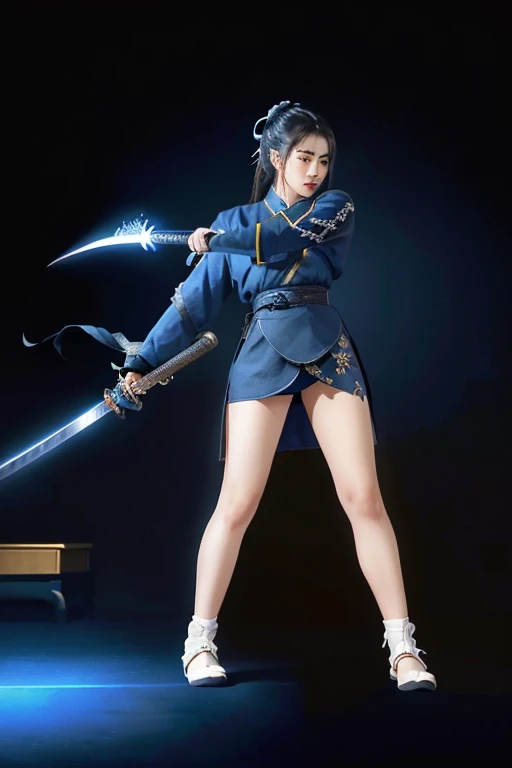 South korea ninja women mystery hooded on with modern royal Blue coat with long and wide sleeves with buttons and royal Blue cape and very high white heel over the knee and white gloves, As she reveals a small secret hidden blade coming from his palm , adding to the character's mysterious and agile appearance, with small movements of air on the cape, jump from roof to roof, in summer at night under the rain,medieval south korea house. sophisticated and highly detailed, ultra hd, realistic, hyper detailed, enhanced colours, ultra sharp focus, with vibrant, rich in details High quality, gorgeous, captivating, 8k, super detailed, stunning shadows, detailed lines, ready to make a murder