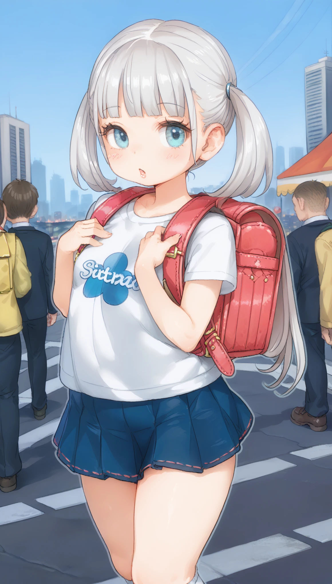 ((thick outline)), thick outline, black outline, curvy, cute, Score_9,Score_8,score_7_up, rating_questionable, single V, best quality, masterpiece, detailed, 2d, flat color, dim body, 1girl, short printed t-shirt, flat_chest, denim skirt, socks, (Japanese cityscape), small breasts, twintail, carrying randoseru backpack