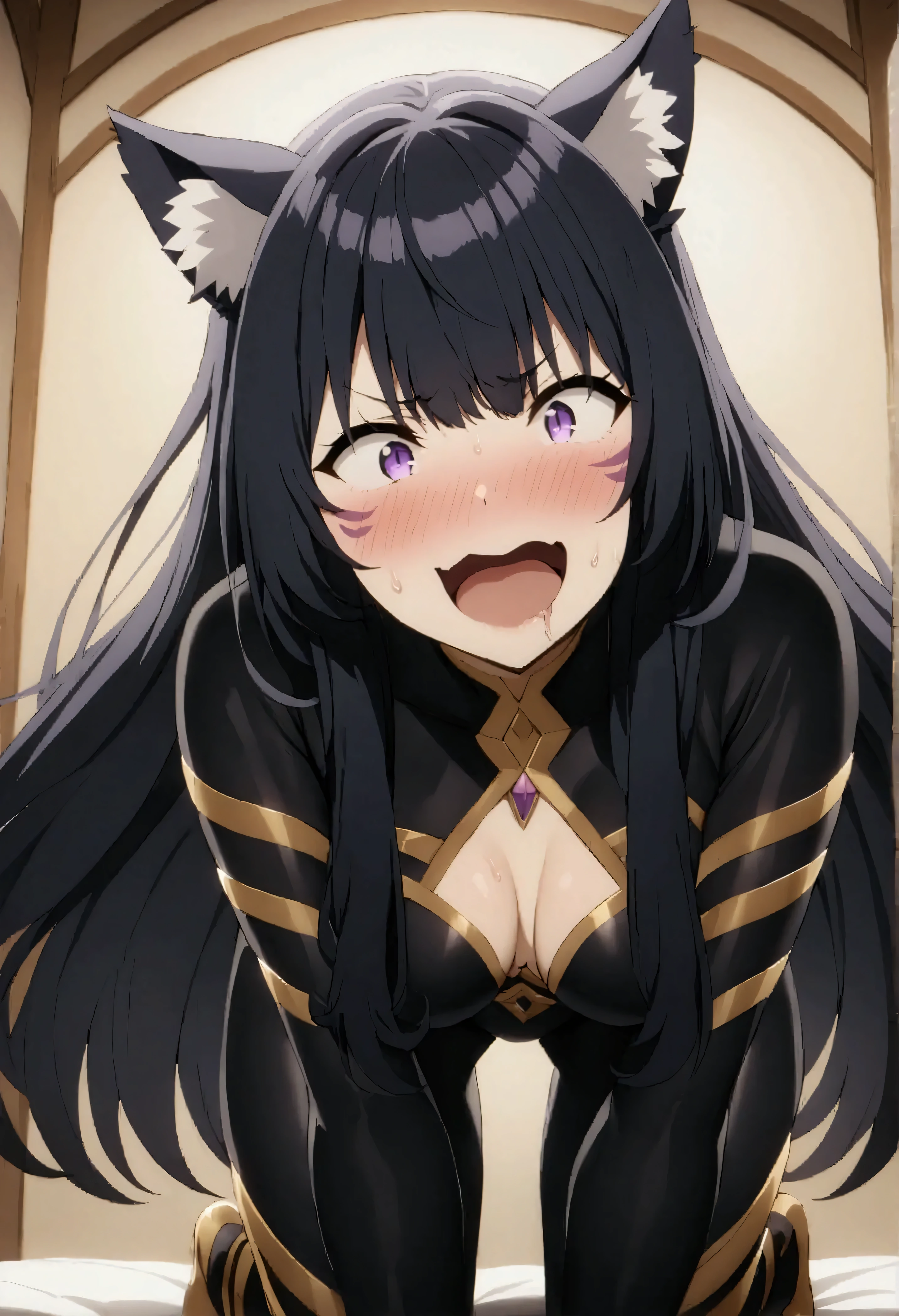 NSFW,masterpiece,Best Quality,High resolution,Very detailed,delta\(I want to be a powerful figure behind the scenes\),Long Hair、Black Hair、Animal ears、Purple Eyes、Cat ears、Animal earsの毛、Face mark、Bodysuits、黒のBodysuits,Ferocious Smile,blush,Excited,Frustrated face,On all fours,Drooling,Love juice drips