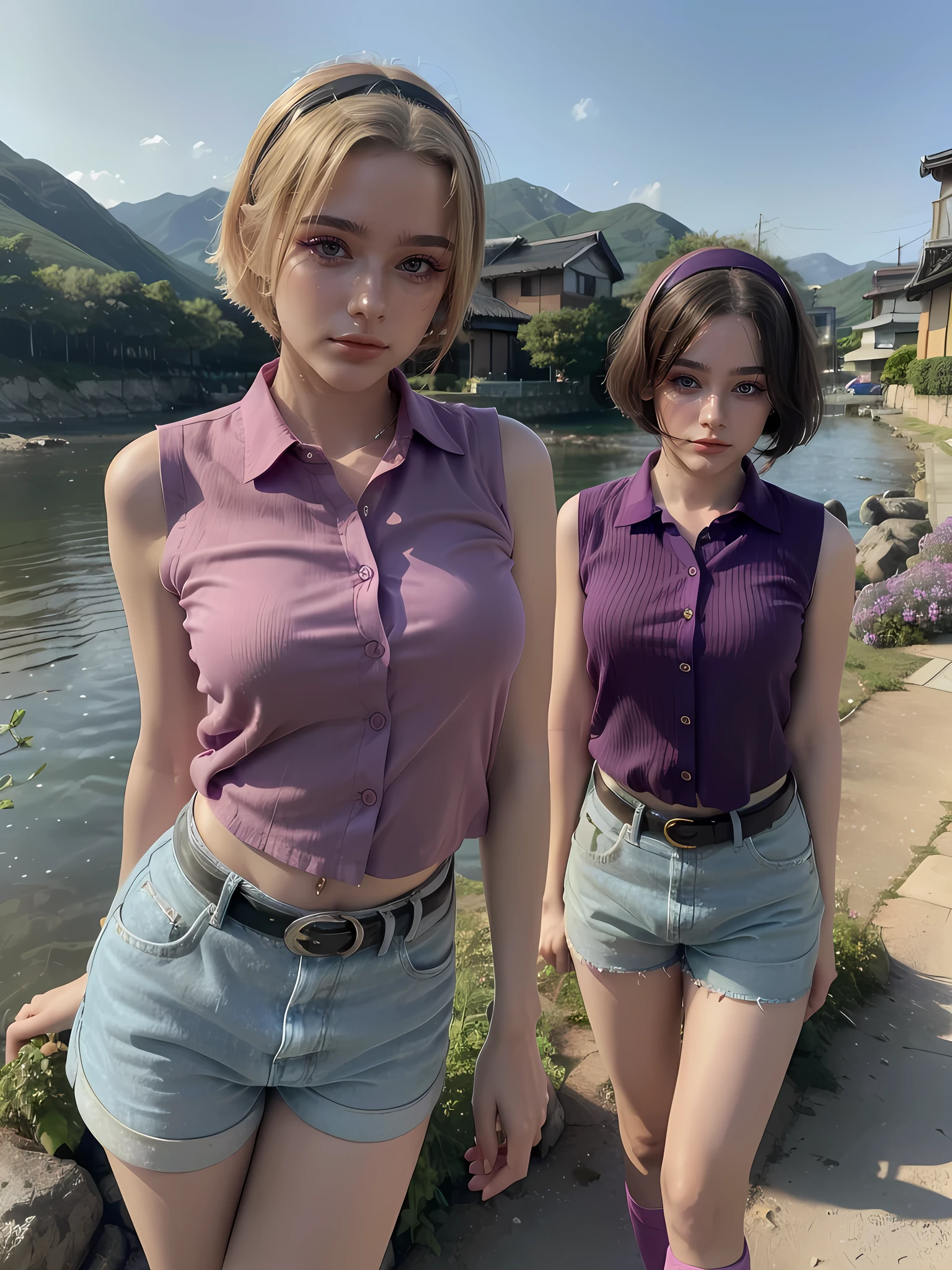 1 woman, mature woman, solo, NOT DASHA TARAN, full body standing, perfect body, best quality, 32k, photograph, full body (head to toe), tone mapping, ((houjou satoko,short hair,black hairband,blonde hair,violet eyes,hair between eyes,collared shirt,sleeveless shirt,pink shirt,shirt tucked in,mid sized breasts,belt,short shorts,blue shorts,white socks,pink footwear, athletic, big woman)), asian-european, ((golden blonde hair, short hair, purple eyes)) perfectly drawn hands, ((masterpiece)), ((highres)), ((detailed background)), japanese village background, next to a river, (big proportions), cute pose, smiling, ((perfect eyes, detailed eyes, realistic eyes)), ((sharp face, detailed face, realistic face, natural skin, realistic skin, detailed skin, pores)),