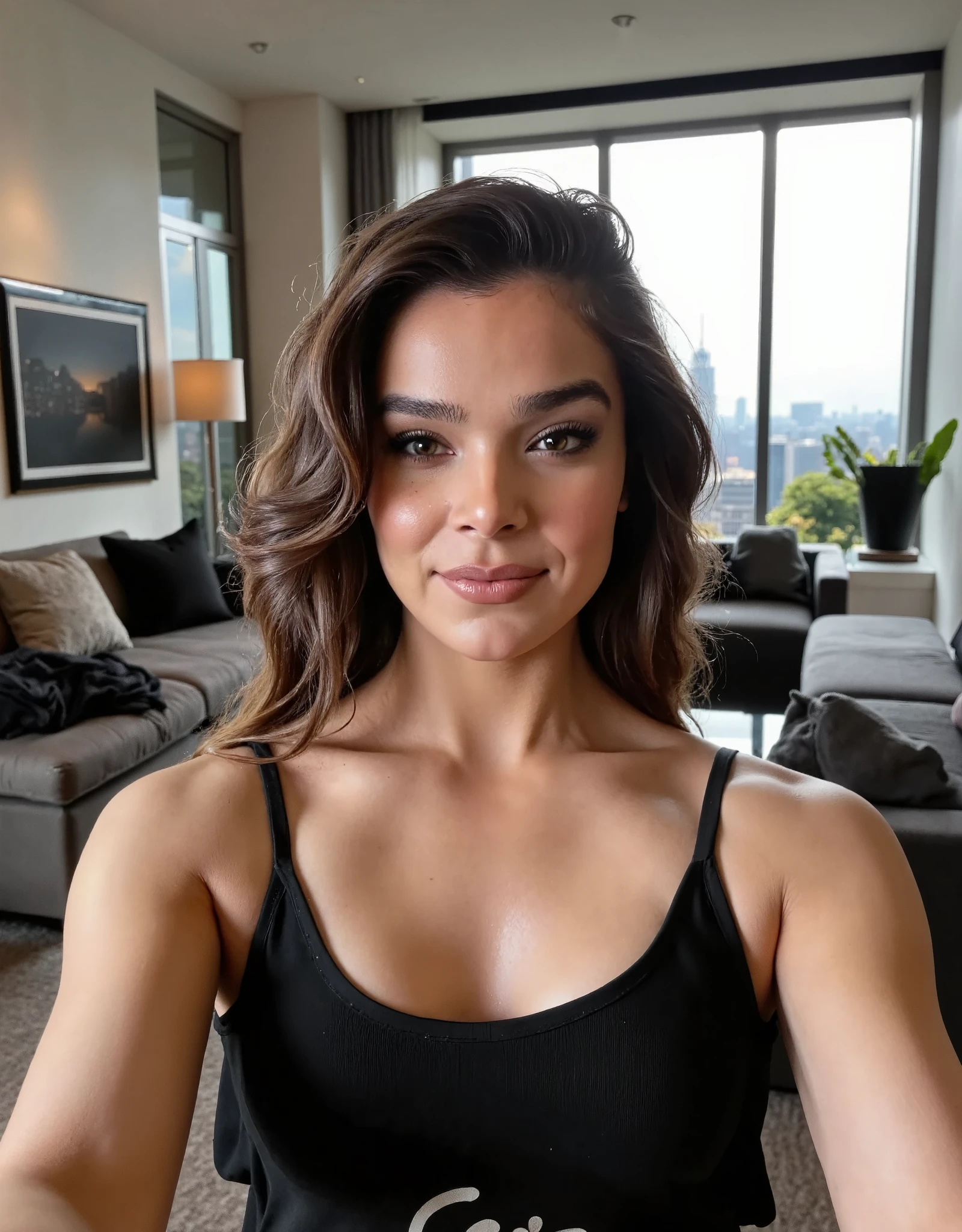 solo, 1girl, brunette woman (hailstnewv2 ) and a black shirt taking a selfie, profile image, she is wearing a black graphic tank top, luxury penthouse living room background,