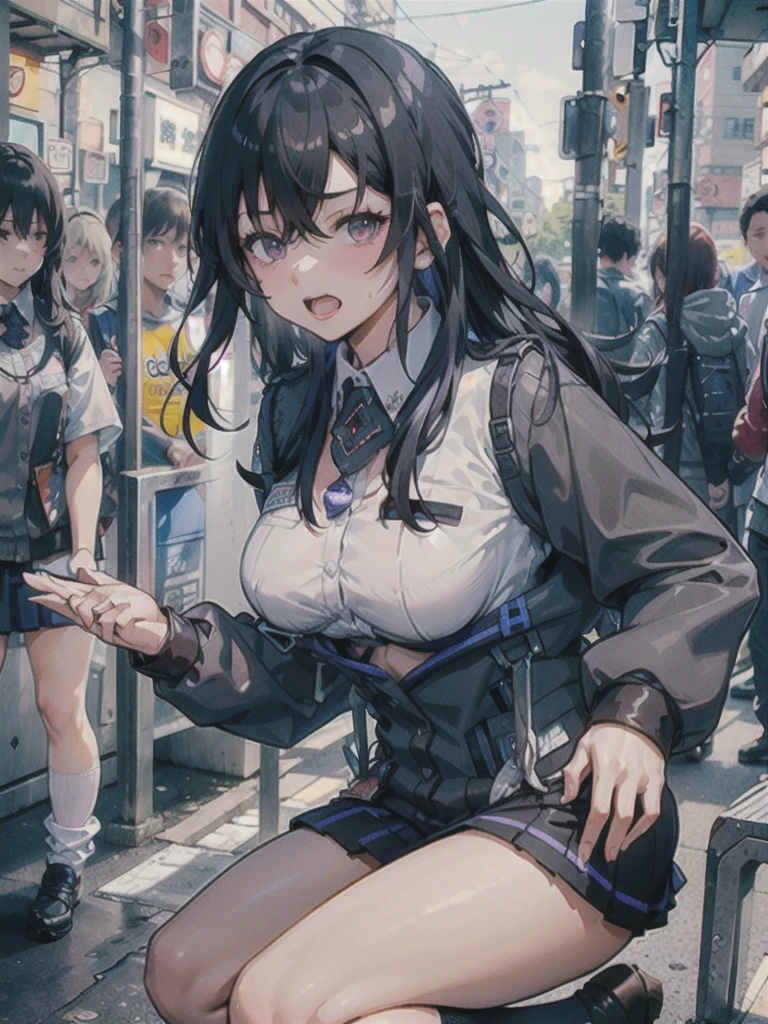 ((Best Quality)), ((masterpiece)), (detailed), One Girl,Private Server,Model Body Type,A fat man approaches a high school student from behind.,Big Breasts,(Short skirt),(Open Chest Button),((Wear black knee-high socks)),woman,(Mischievous Appearance),((Excited expression)),Viewer attention required,Nswf Japanese,(Attractive looks),Sweating,Teary-eyed,((Lift your chest with both hands)),Late Night City,Arrest,Underbust,(Low Angle),((胸をアピールするwoman)),(Underbust),(男性教師がwomanをArrest),(window),((High school girl)),