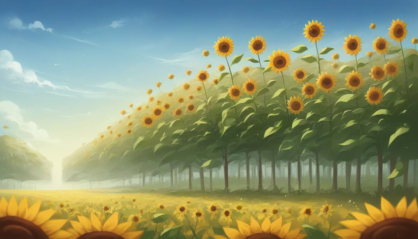 A vibrant sunflower field stretches out under a wide, blue sky filled with wispy clouds. The sun, setting low on the horizon, casts a warm glow over the field, creating soft shadows among the sunflowers. A dirt path runs straight through the middle of the field, leading the viewer's eye towards a range of dramatic mountains in the distance. Tall trees frame the scene, and the whole setting feels serene and peaceful, with a natural balance between the bright flowers in the foreground and the towering mountains in the background.ความละเอียดสูง, ผลงานชิ้นเอก, รายละเอียดสูง, แสงแฟร์, ย้อนแสง, 