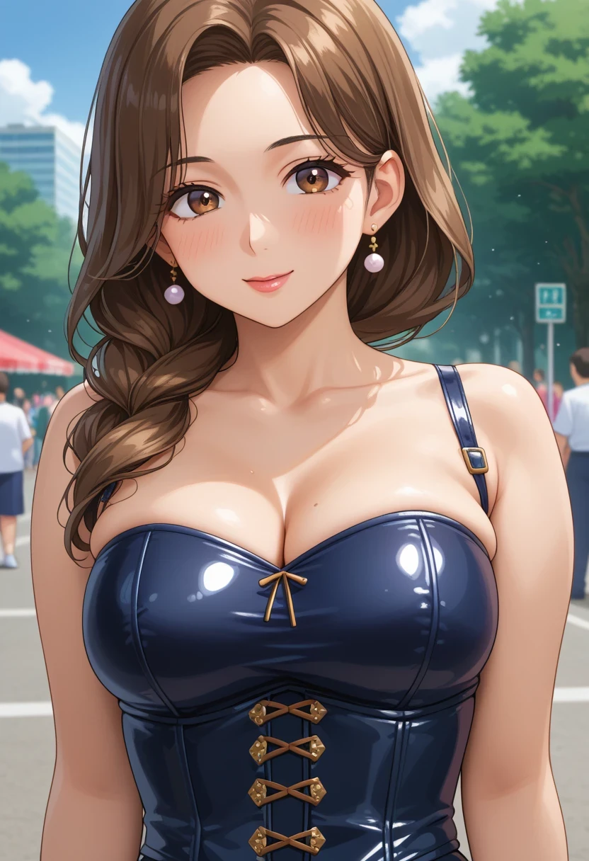 score_9,source_anime,anime style,uncensored,
breasts,cute,kawaii,upper body,outdoors,in public,brown hair,brown eyes,mature female,tight_clothes,tight_corset,cleavage,black corset,looking at viewer,medium breasts,