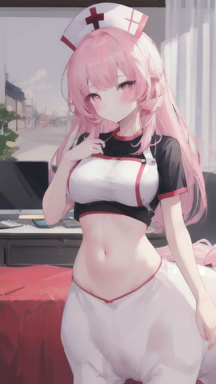 Pink Hair, Pink Eyes、girl、Small breasts、Hair Bun、girl、Small breasts、Lolita、Bright smile、Looks about 、Petan Musume、He is short、Eye highlights、Sexy thighs、room、Light clothing、hot pants、Breast flash