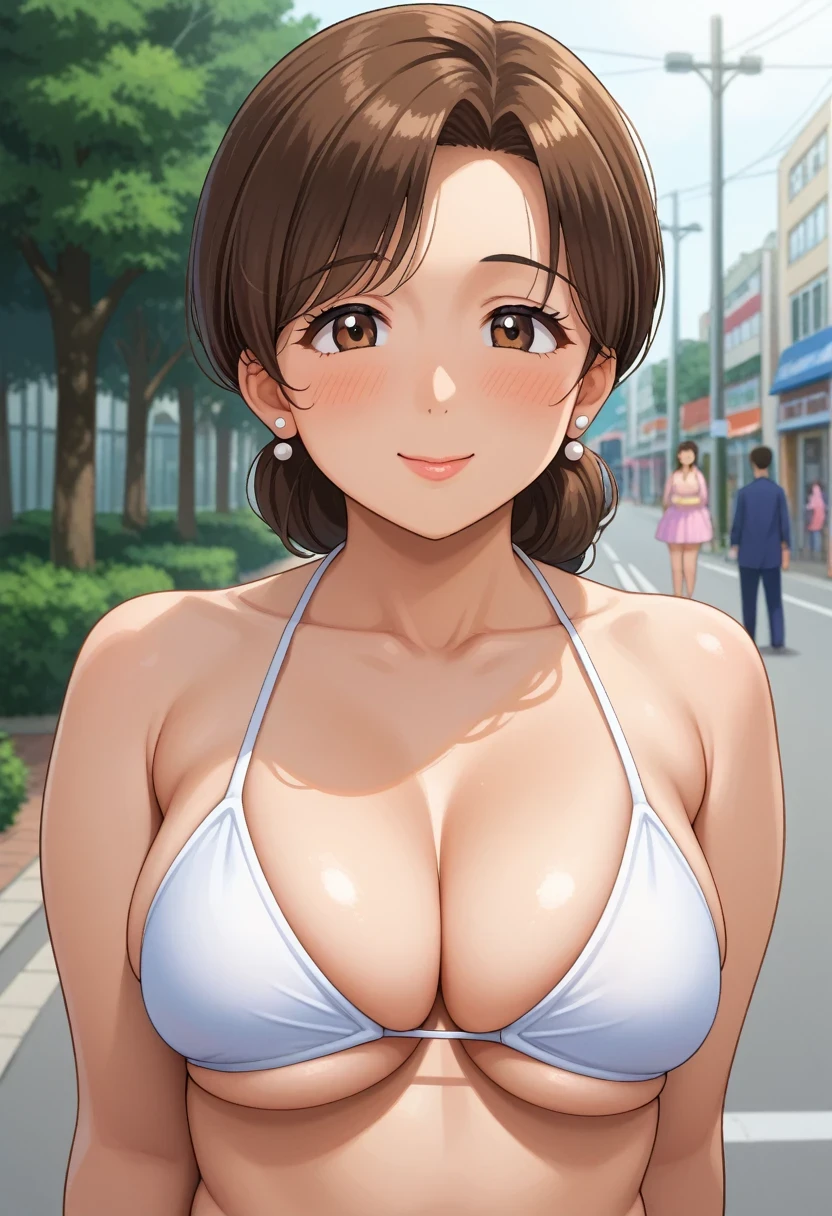 score_9,source_anime,anime style,uncensored,
breasts,cute,kawaii,upper body,outdoors,in public,white bikini,brown hair,brown eyes,mature female,