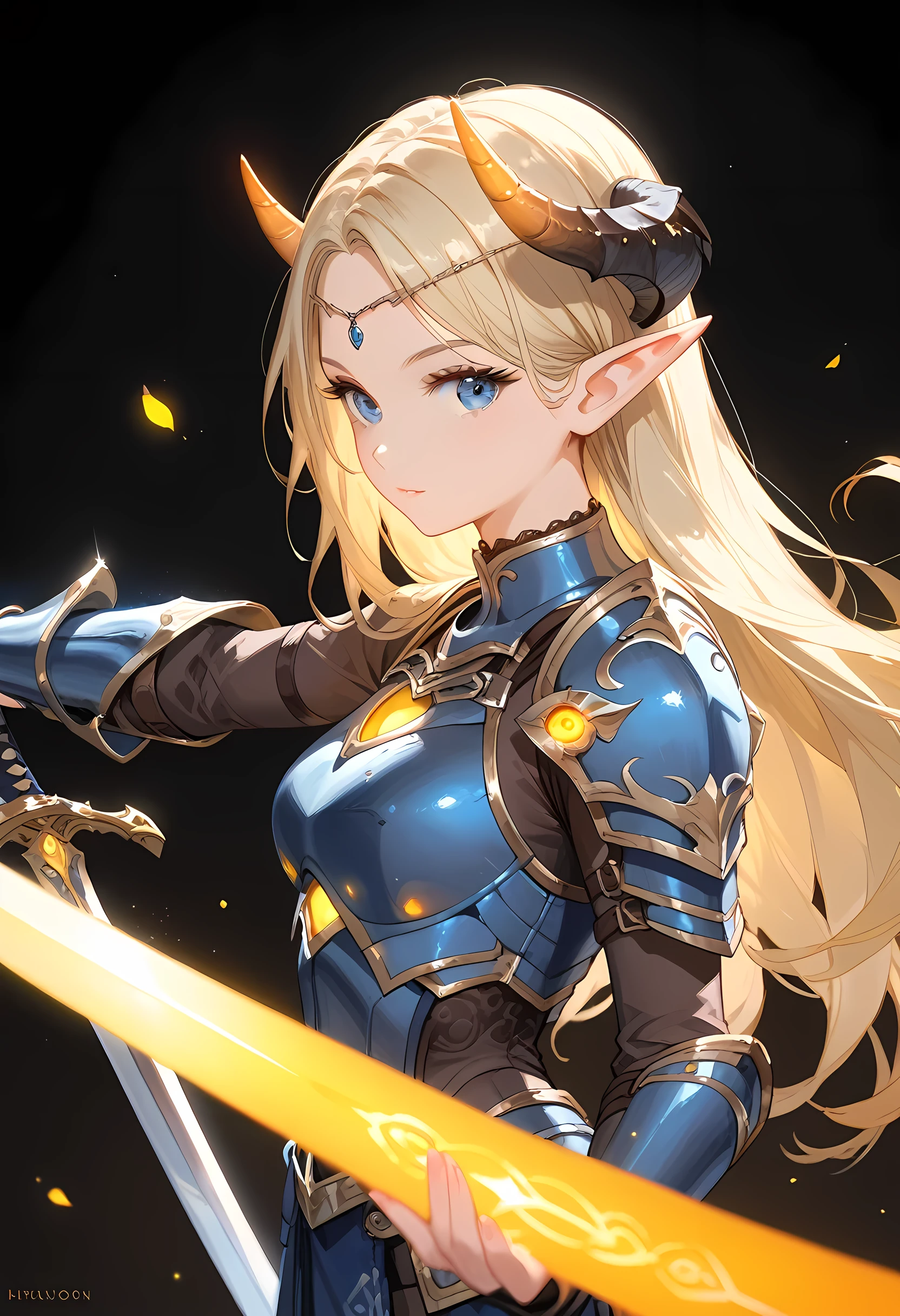 score_9, score_8_up, score_7_up, upscale 2x,(Pov from the side, a beautiful blonde female elf with blue eyes and horns, wearing dark blue armor with orange glowing details, holding a runesword by the handle point the sword down, the sword is blue with orange glowing details, dark in background:1.2)