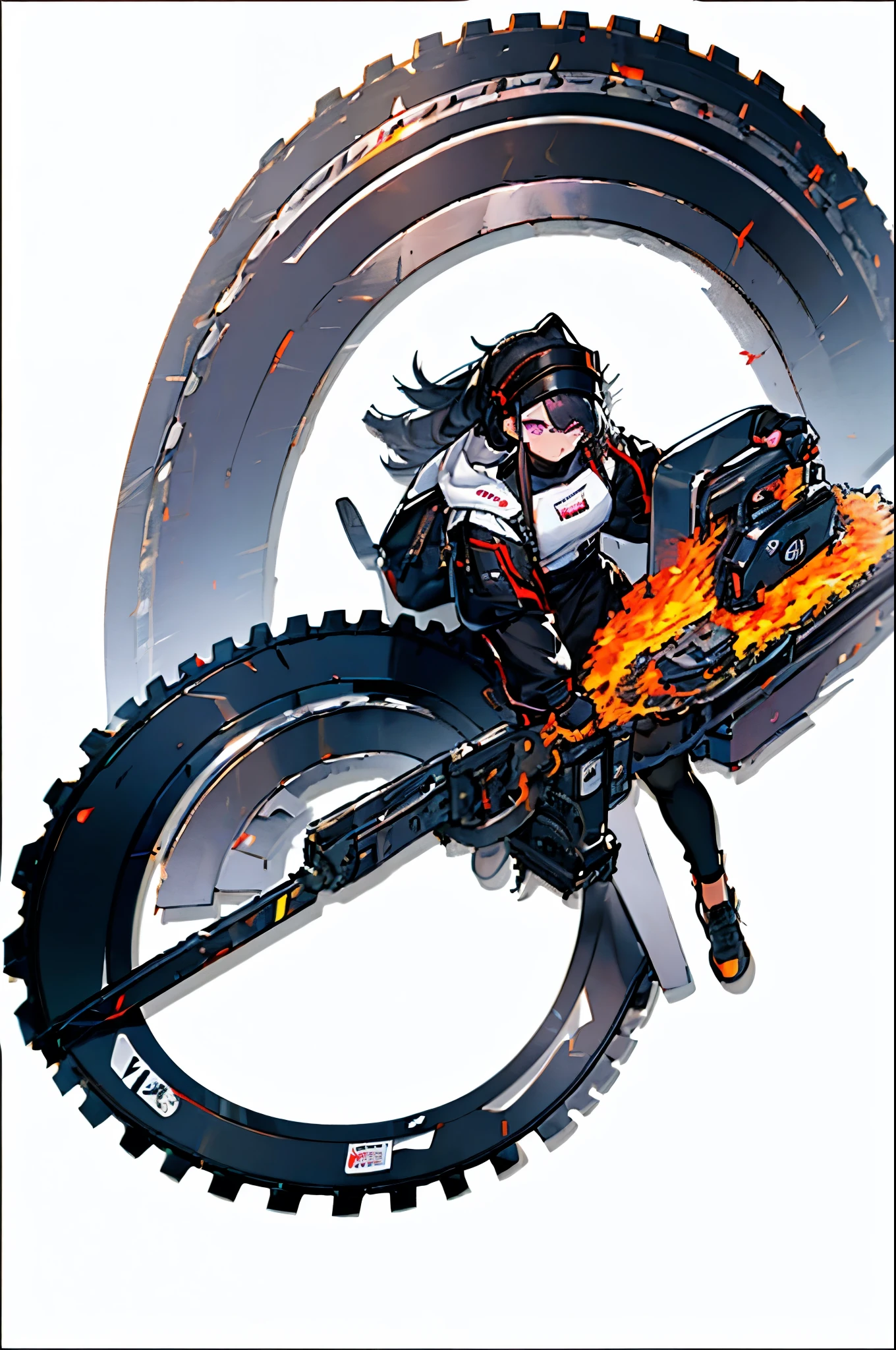 ultra detailed, masterpiece, best quality, solo,,white background,flame,fire,expressionless, close mouth, 1girl, purple eyes,black long hair, black hair, bangs, medium breasts, black choker,black leggings,  black gloves,white oversized hooded jacket,full body,holding circular saw, arknights-style,