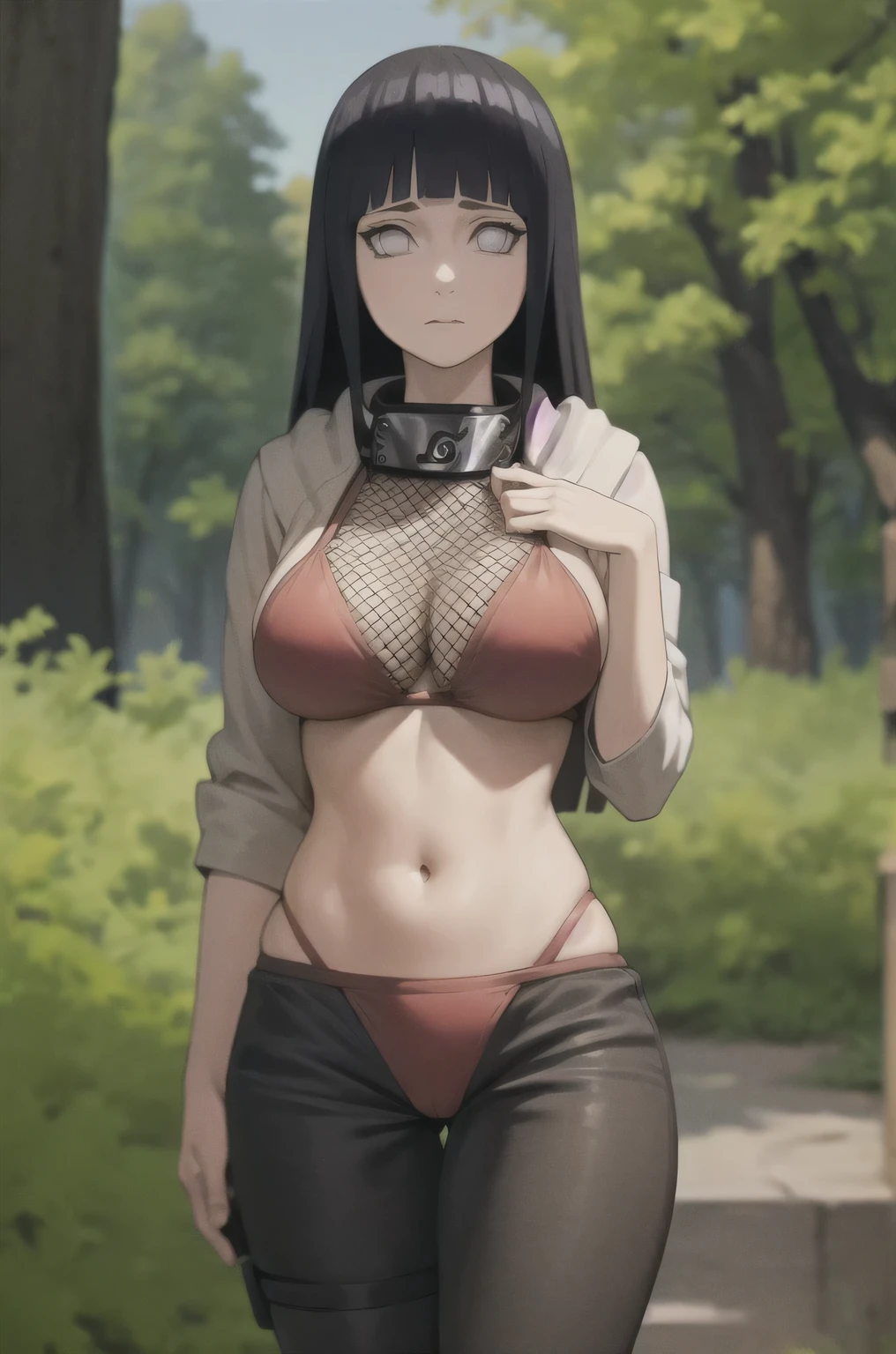 masterpiece, best quality,
 forest, cowboy shot, hinata_shippu, long hair, two-tone jacket, hood down, konohagakure symbol, forehead protector, pants, expressionless, fishnets ,  mature female, stockings, red bikini, perfect body, sexy pose