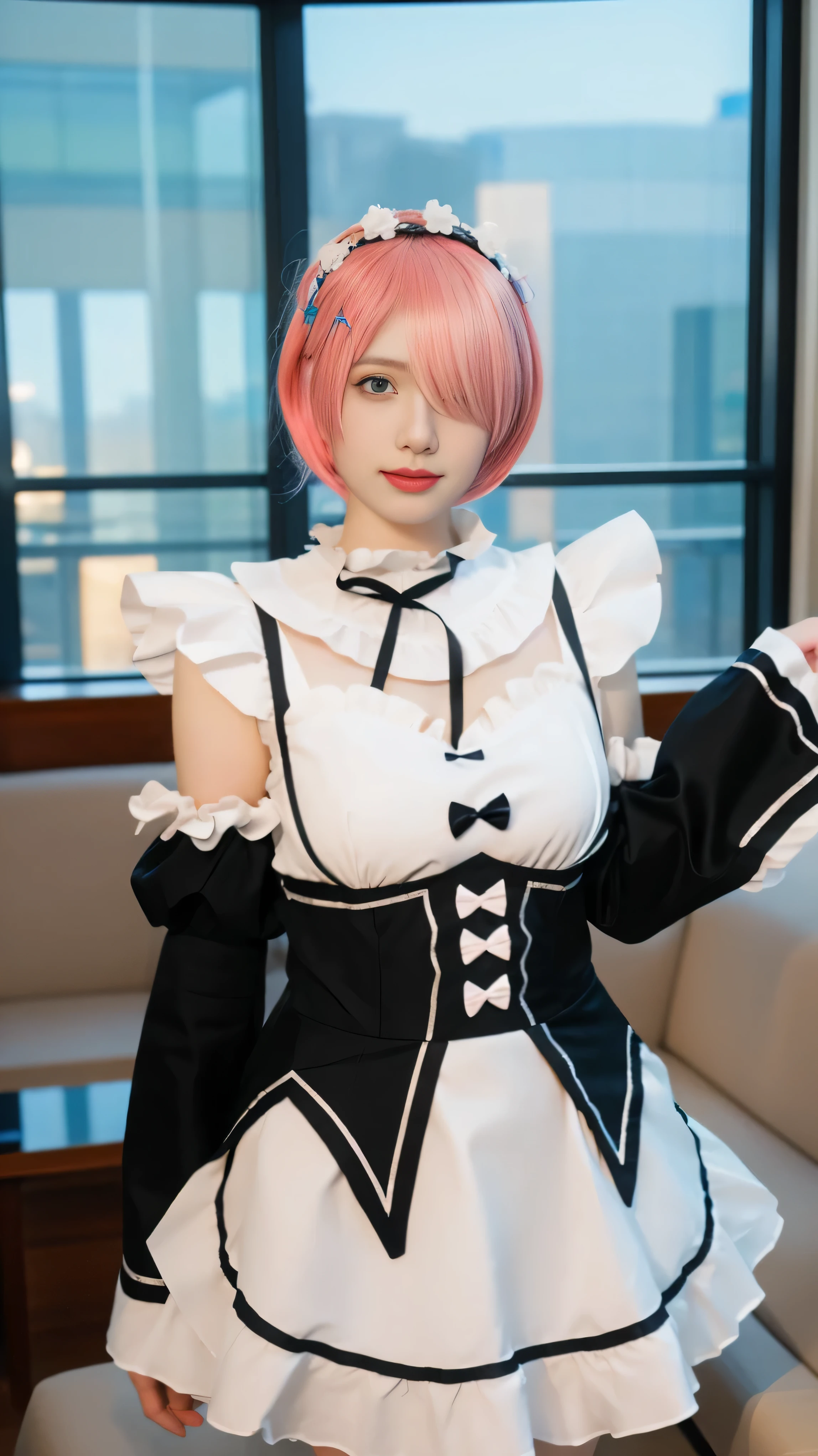 (best quality), (masterpiece), (Ultra-high resolution), (Clear face), (Reality: 1.4), (perfect lighting),(photorealistic:1.30), anime wallpaper, Guviz style artwork , fantasy cover up to magic , by Yang J, Guviz, beautiful artwork illustration, beautiful digital artwork, beautiful digital illustration, Li Song, beautiful anime portrait, art style at Beauvot,illustration, ethereal and beautiful, highly detailed, CG, unity, 8k wallpaper, Amazing, fine detail, official art, highly detailed CG unity 8k wallpaper,absurd, extremely absurd, large file size, highly detailed , high resolution, very detailed,beautiful girl with details, very detailed eyes and face, beautiful detailed eyes,light on the face,cinematic lighting,R_E_M, 1girl,(short pink hair:1.5), blue eyes, (hair over one eye:1.3), hair ornament, pink hair ribbon, rem's maid uniform, detached sleeves,absurdres,(cute),(standing),((looking at viewer)),(dynamic pose:1.3), upper body, indoors, living room, sofa, tables, window,