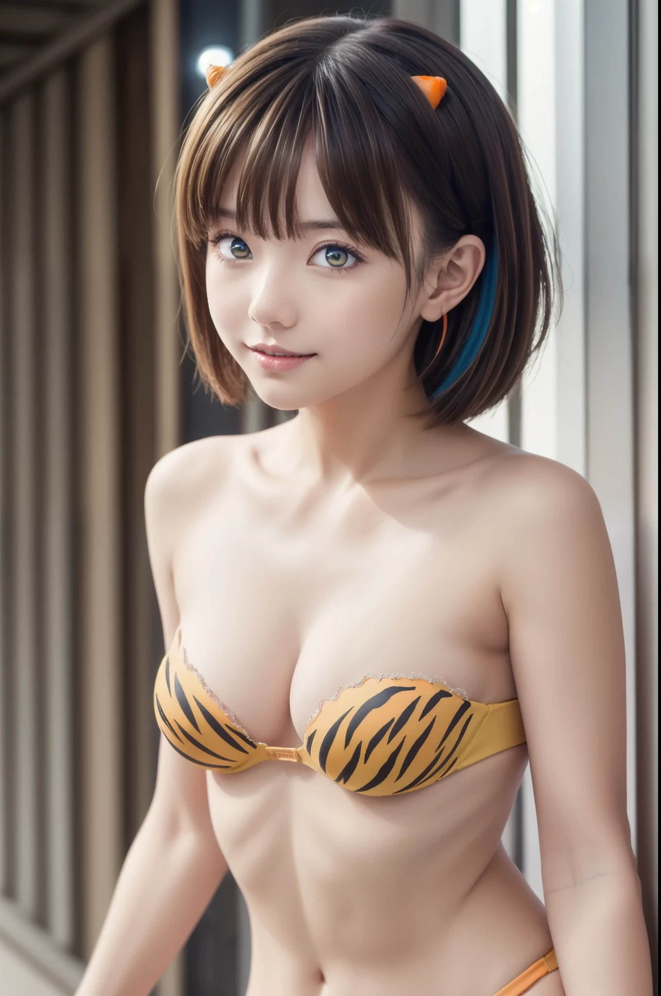 (1girl, solo:1.3), (yuichan:1.3), uruseiyatsuralum, lum, bob cut, bangs, blue hair, (orange eyes:1.5), (horns:1.3), pointy ears, aqua hair, oni horns, eyeshadow, smile, 
BREAK, large breasts, navel, cleavage, swimsuit, bikini, strapless, animal print, (yellow bikini:1.5), (tiger print:1.3), strapless bikini,
BREAK, indoors, classroom,
BREAK, looking at viewer, (cowboy shot:1.5),
BREAK, (masterpiece:1.2), best quality, high resolution, unity 8k wallpaper, (illustration:0.8), (beautiful detailed eyes:1.6), extremely detailed face, perfect lighting, extremely detailed CG, (perfect hands, perfect anatomy),