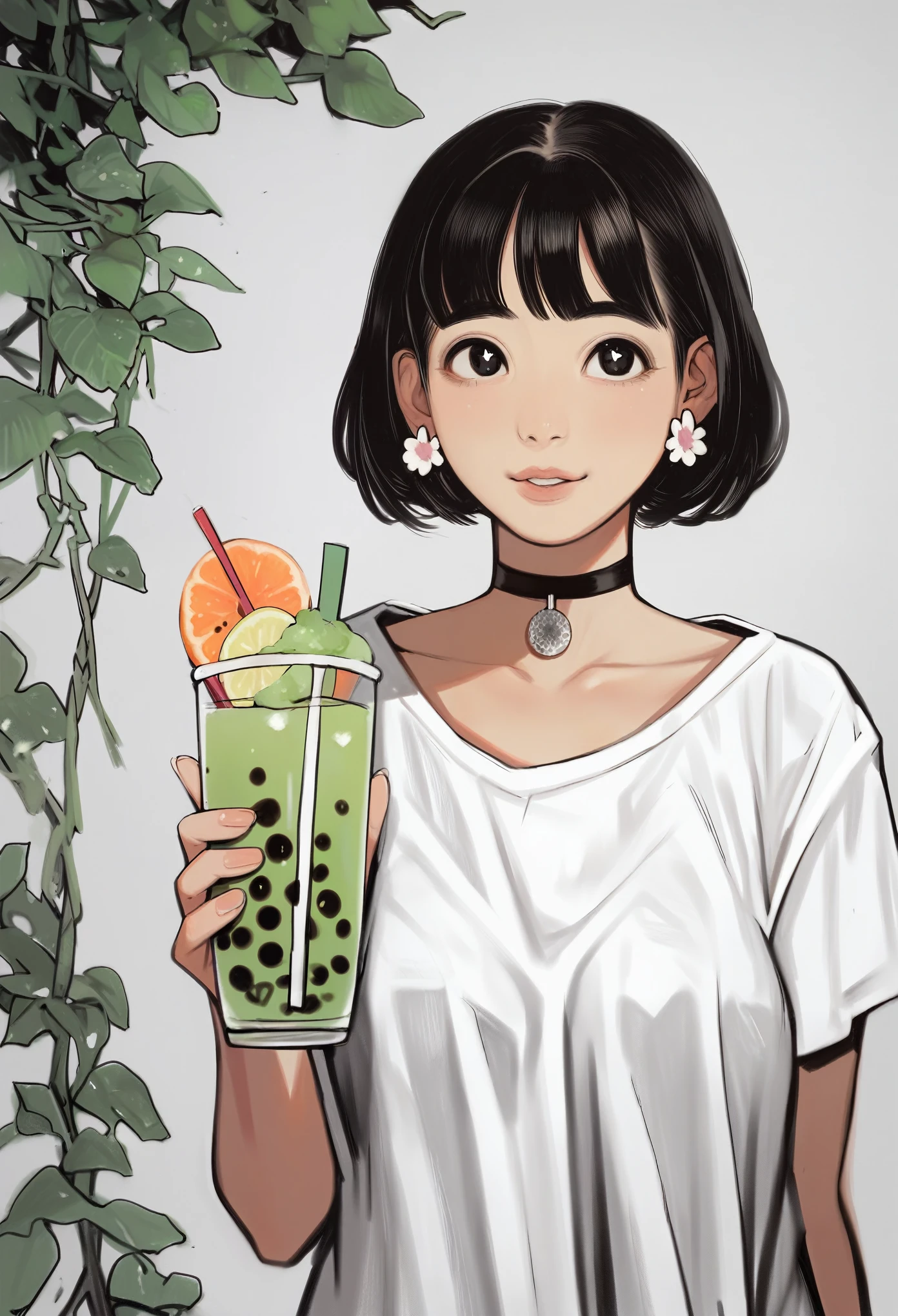 score_9, score_8_up, score_7_up, score_6_up, score_5_up, score_4_up, monochome, greyscale, 1girl, sipping boba tea, asian, cute, black hair, bob cut, black eyes, almond shaped eyes, adorable, feathered earrings, thin choker, white T-shirt with flower design on chest, torso shot, portrait, 4k resolution, Highly detailed, Sharp focus
