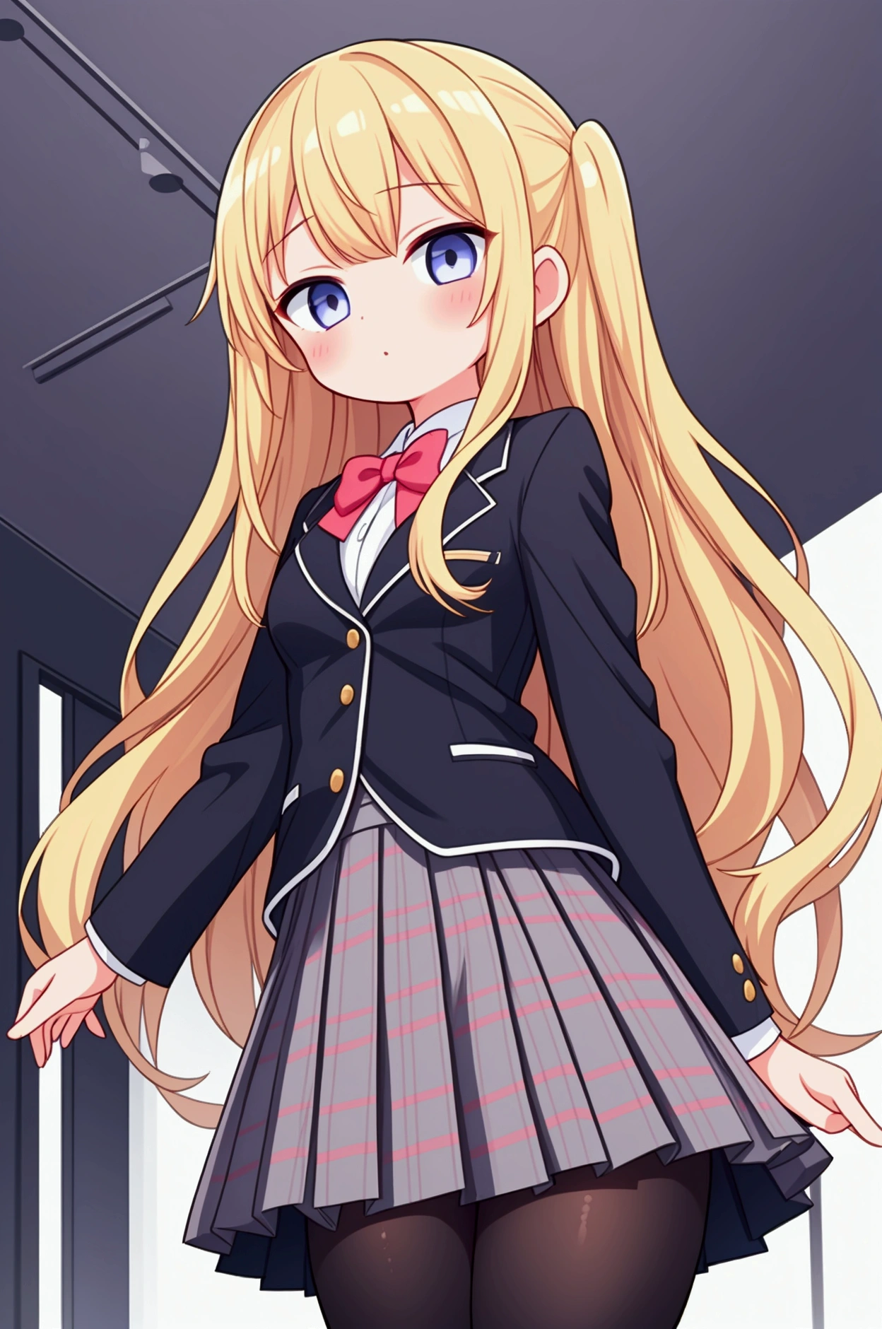 One person!!、Baby Face、Lori、smile、human、((2 year old girl))、Long Hair、Blonde!、With bangs、small、((baby))、Big eyes、barefoot、black eye、cute、((Kindergarten clothes))、身長のsmall、体のsmall、Short legs、bed、Show the whole body、
