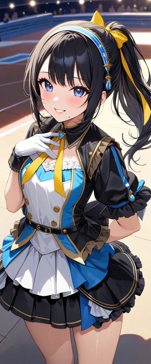 (masterpiece),(Please redeem),(Super detailed),(Best illustrations),(Best Shadow),(Absurd),(Detailed Background),(so beautiful),  Hiori said:, Black Hair, ponytail, smile, One Girl, Long Hair, Hairbands, ponytail, gloves, bangs, Idol, Browse your viewers, Mole under the mouth, 