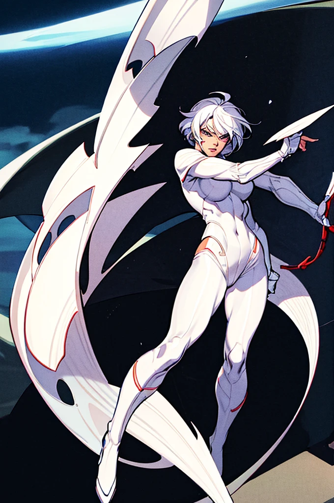 A female superhero assassin wearing a tight-fitting white suit with a flowing cape. She has short, white hair and wears a mask that covers her eyes, giving her a mysterious and dangerous look. Her powers are connected to the moon