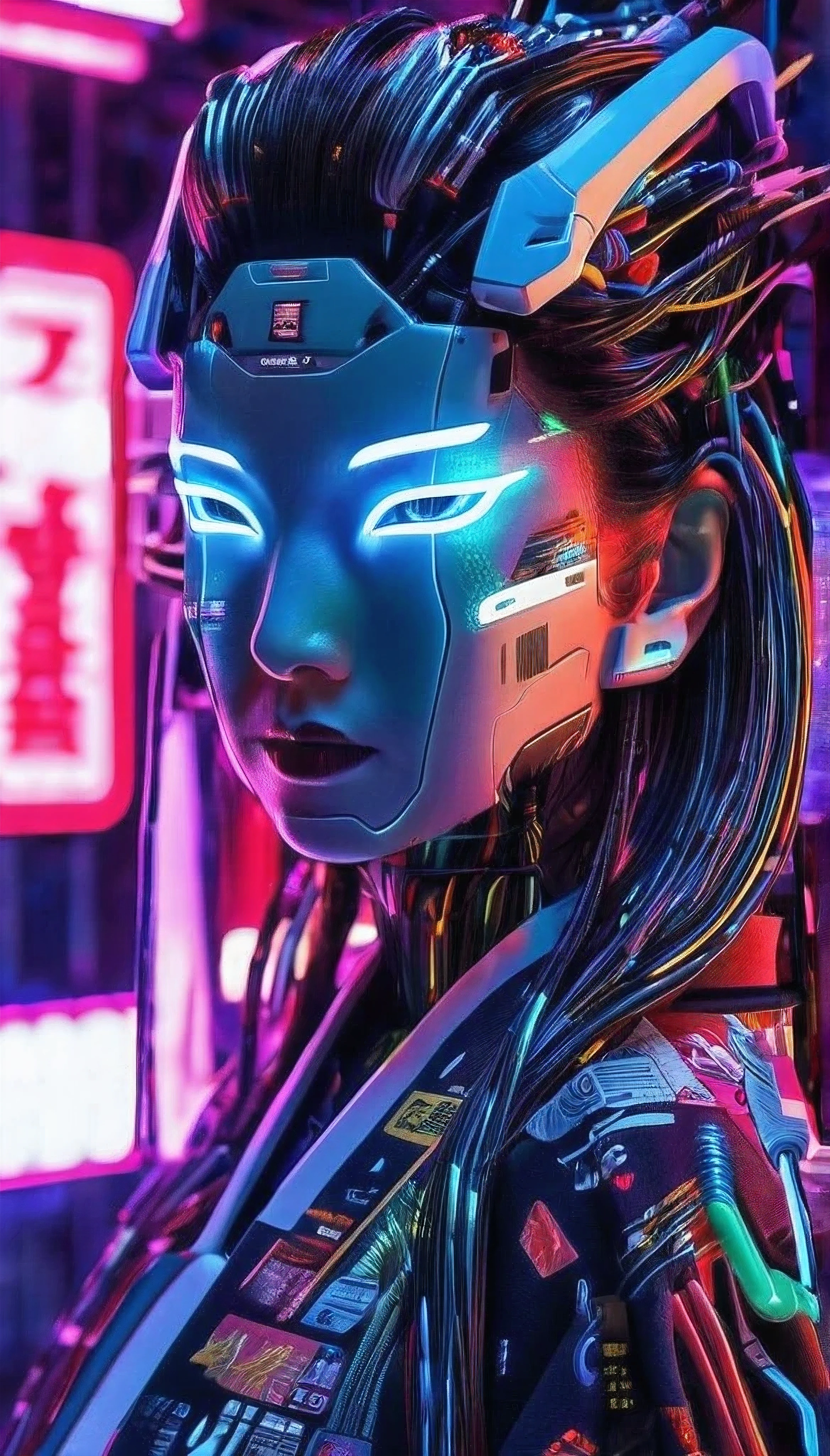 High technology, futuristic, cyborg girl, (photorealistic:1.4), long hair made of cables, robotic, lots of computer cables in the bacground, ultra high res, uhd, 8k, neon lights, japanese culture, kimono, jspanese demon, vue de loin