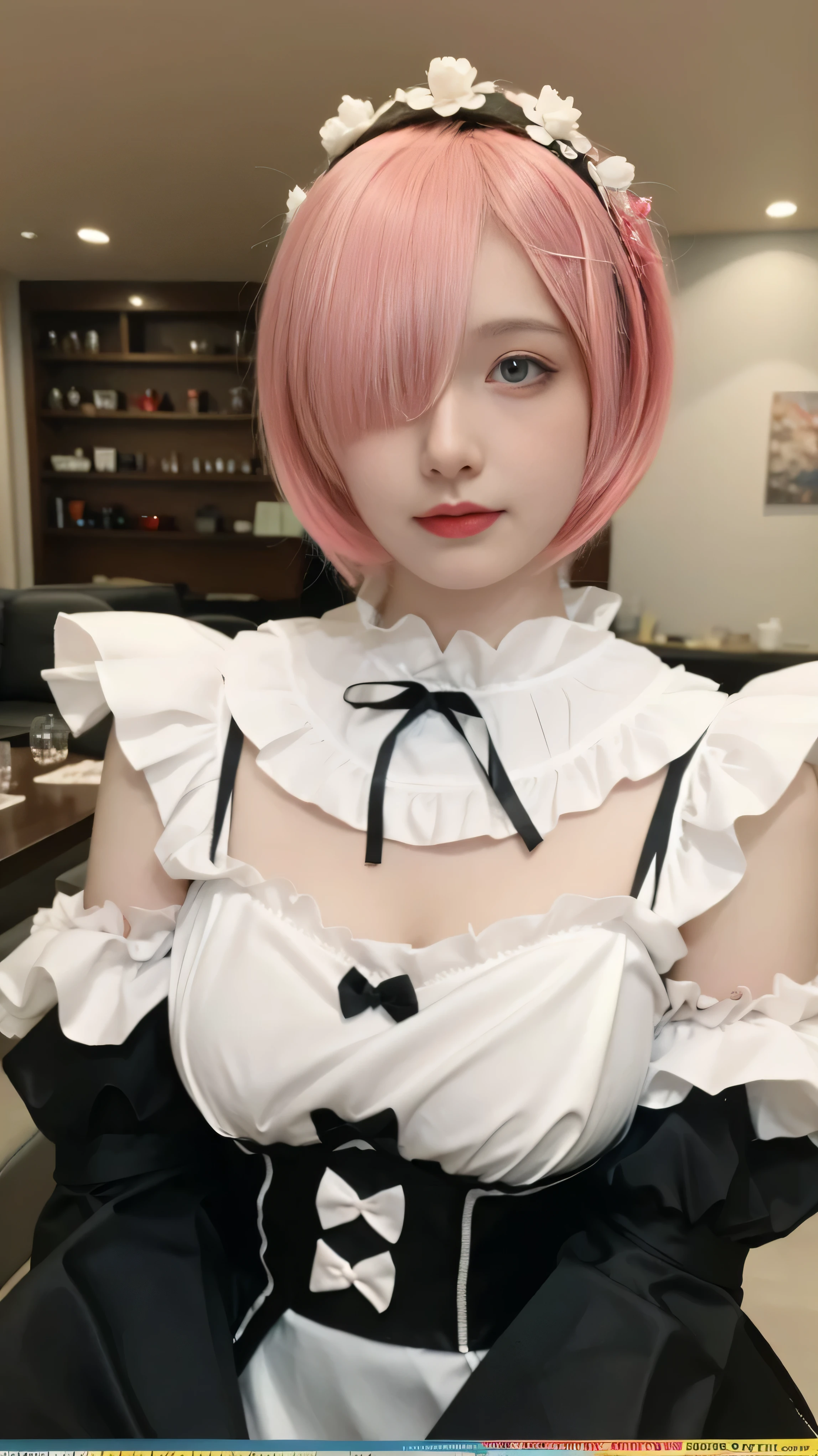 (best quality), (masterpiece), (Ultra-high resolution), (Clear face), (Reality: 1.4), (perfect lighting),(photorealistic:1.30), anime wallpaper, Guviz style artwork , fantasy cover up to magic , by Yang J, Guviz, beautiful artwork illustration, beautiful digital artwork, beautiful digital illustration, Li Song, beautiful anime portrait, art style at Beauvot,illustration, ethereal and beautiful, highly detailed, CG, unity, 8k wallpaper, Amazing, fine detail, official art, highly detailed CG unity 8k wallpaper,absurd, extremely absurd, large file size, highly detailed , high resolution, very detailed,beautiful girl with details, very detailed eyes and face, beautiful detailed eyes,light on the face,cinematic lighting,R_E_M, 1girl,(short pink hair:1.5), blue eyes, (hair over one eye:1.3), hair ornament, pink hair ribbon, rem's maid uniform, detached sleeves,absurdres,(cute),(standing),((looking at viewer)),(dynamic pose:1.3), upper body, indoors, living room, sofa, tables, window,