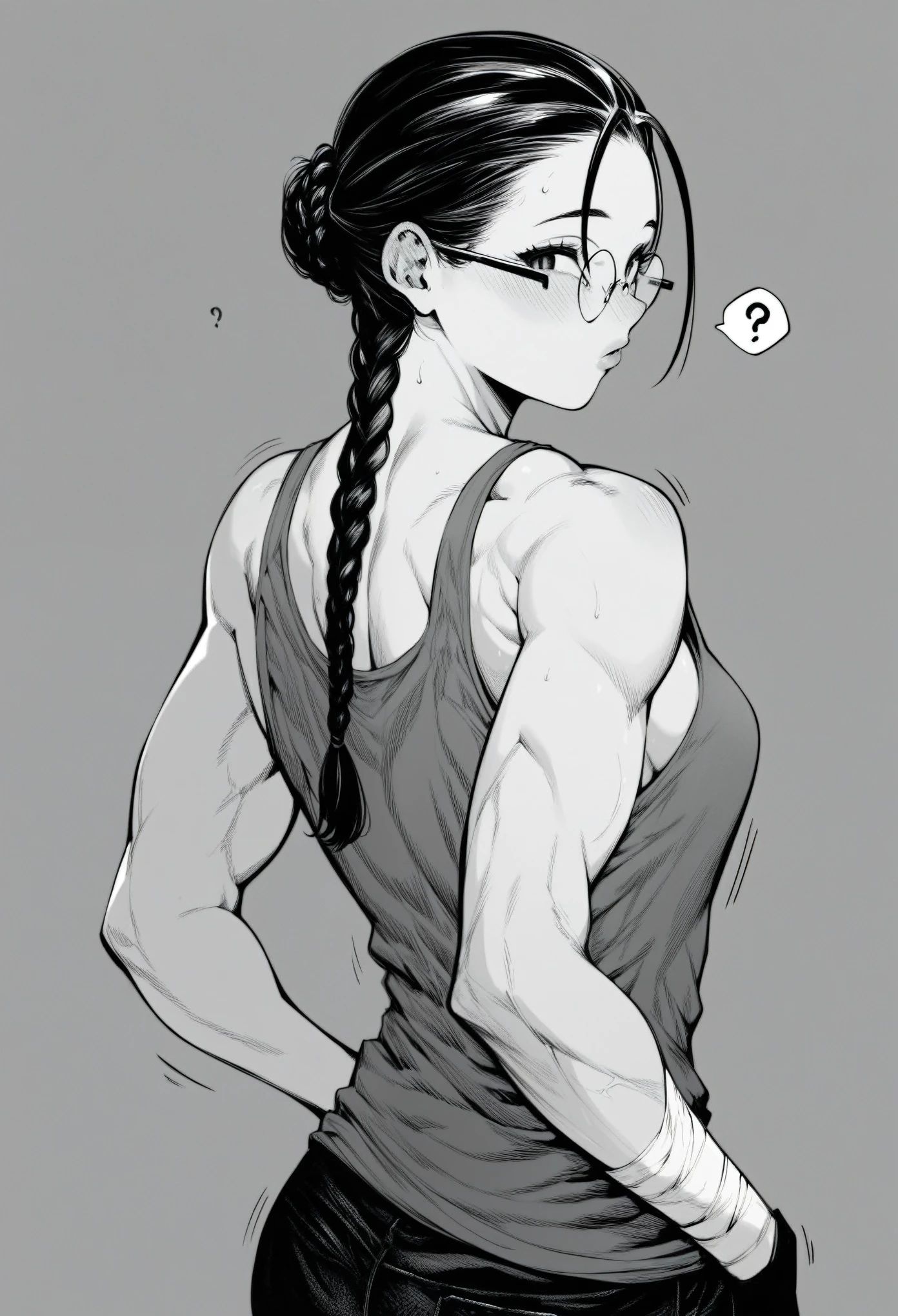 score_9, score_8_up, score_7_up, score_6_up, score_5_up, score_4_up, monochome, greyscale, 1girl,lean muscles, tank top, exposed abs, black braid, round glasses, looking back at viewer, motion lines, curious expression, spoken ?, bandages around forearms, athletic, defined back muscles, 4k resolution, Highly detailed, Sharp focus