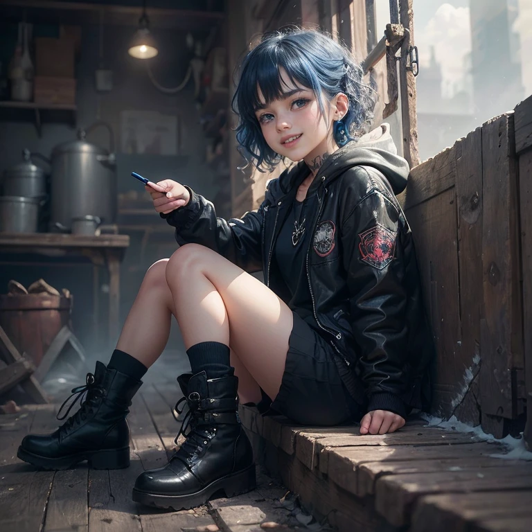 masterpiece, best quality,8K,official art, ultra high res,

1girl,chibi, female child, solo, full body, looking at viewer,
jewelry, earrings,
grin, blue hair, short hair, blush,
pencil skirt, boots, shorts, black footwear, black shorts, long sleeves, black jacket, hood, cross-laced footwear,
grey eyes, teeth, wavy hair, shirt, tattoo,