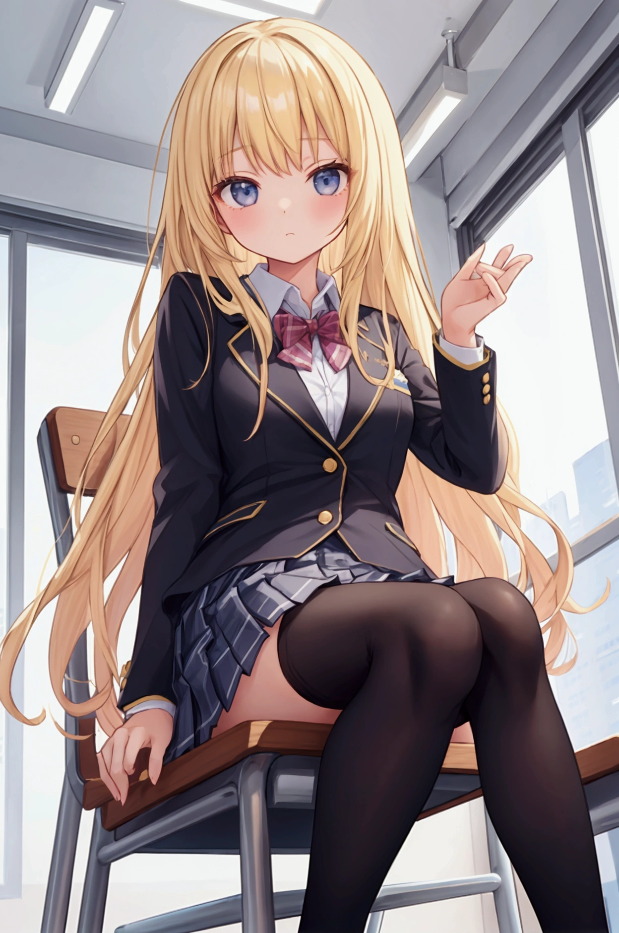 (((Spread your legs)))、((Shiny underwear)))、Uniform Blazer、Beautiful beauty、Long golden hair、((whole body))、(((Photo taken from below)))、school gate、Large Breastini skirt、Panties are blue lace、Japanese、expensive、Long limbs、Hairstyle Twin tails