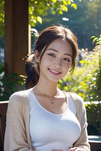 masterpiece, best quality, Surreal, Ultra Detailed, 8k resolution, RAW photos, Clear focus, (A girl in the forest), pretty girl,  (Casual Hairstyle, plum bossom:1.2), (Shift Dress:1.1),shorts，Wear high-end brand travel shoes， Ultra-thin face, Delicate eyes, Double eyelids，Smile，32 inches in the chest,(a charming smile:1), (sexy pose)，Perfect body,Long hair, Smile的面孔, Medium breasts, Hair is a bit messy,direct sun light, high resolution, Reality