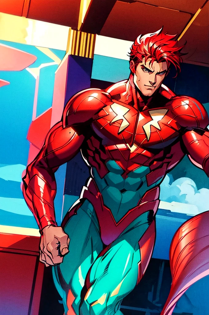 a  teen (young) muscular mexican hero with red fire spandex suit