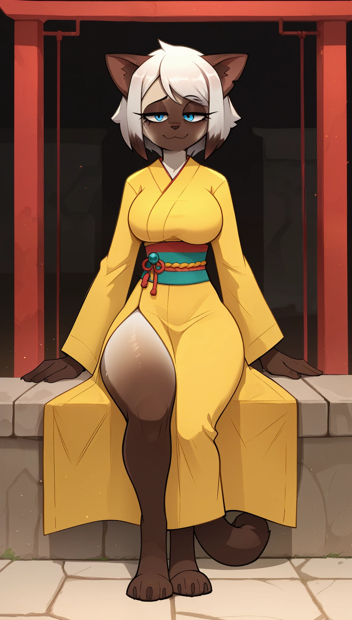 Half-closed eyes, tired expression, seductive expression, 1girl, anthro, furry, fur, fluffy fur, siamese cat, cat girl, japanese temple, white hair (brown highlights), blue eyes, short hair, full body, (19 years), big breast, thicc thighs, solo, half-closed eyes, detailed, yellow kimono, depressed, sad smile, (jizoku), score_9, score_8_up, score_7_up, score_6_up, score_5_up, score_4_up