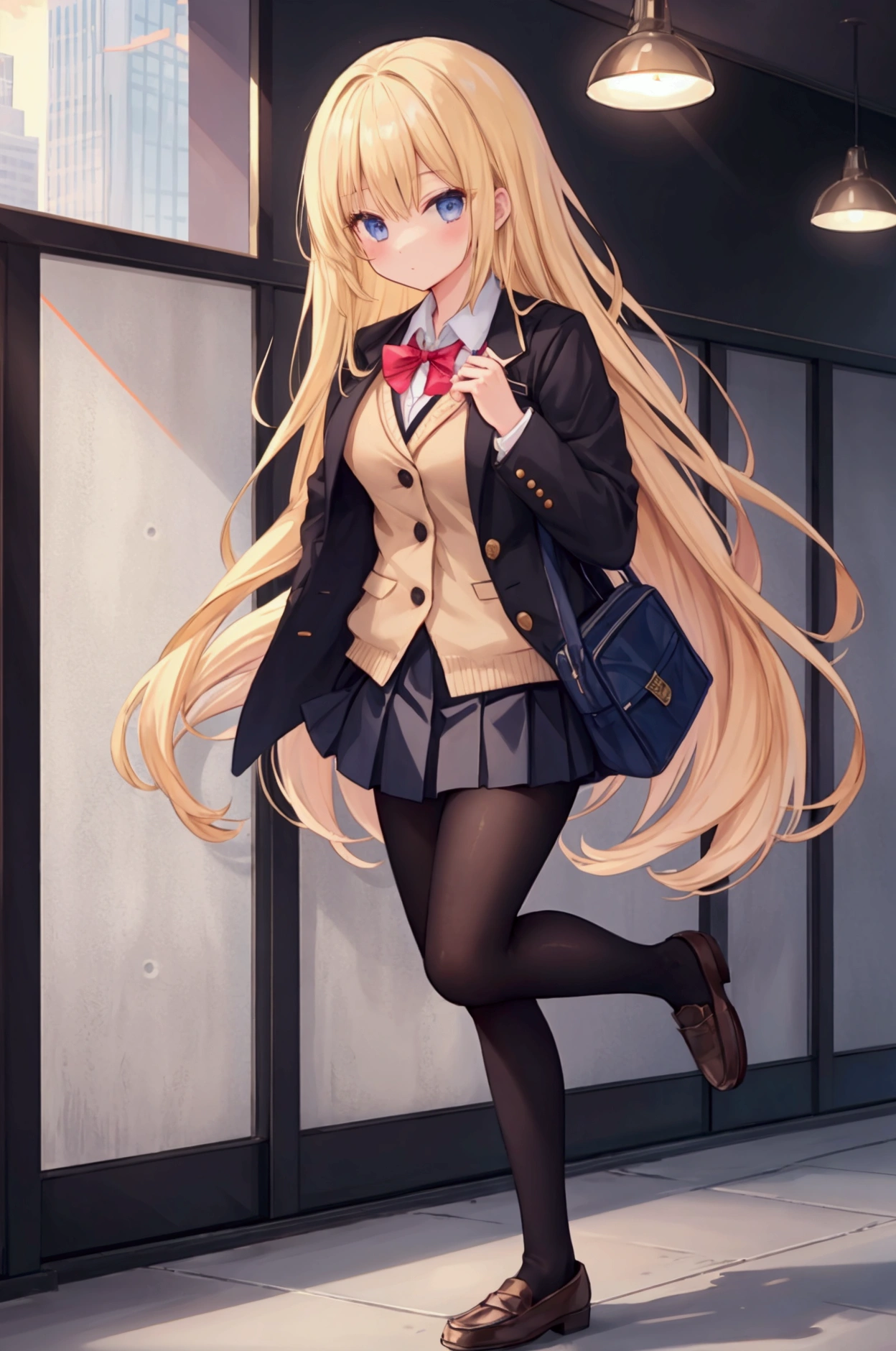 (highly saturated、colorful illustration:1.2)、(long perm hair、golden hair、bright skin:1.2)、(Slender and beautiful legs:1.2)、from below、1 girl, game CG, Girl in schoolgirl uniform, black skirt、white panties、put your hands on your hips、In front of school during the day、street tree々、smile、huge breasts, black eye, dynamic, outside、1 beautiful women，Are standing、hair shines，rational movement，（（8K，masterpiece，realistic），（hyper detail，ultra clear，nature，Vibrant cleavage all over the body，light chest，slender beautiful legs，stretch the meat，small breasts
