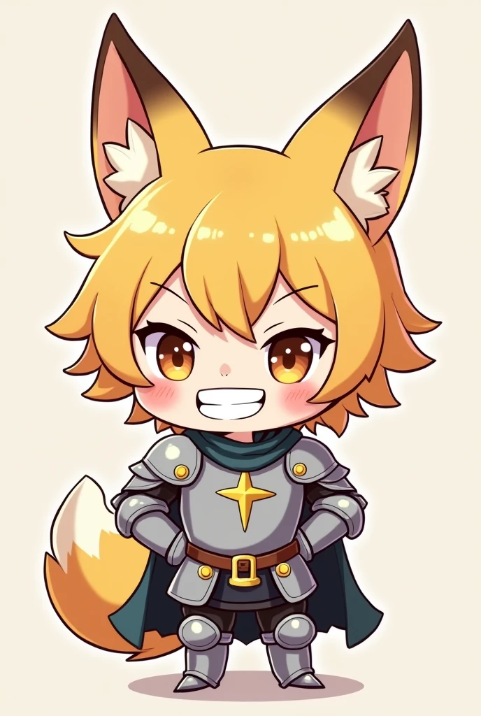 up to, chibi, whole body, Stocky figure, strongly built and full of strength. Her hair is cut short, dark copper color. Her eyes are brown and penetrating, with a sly look in his gaze. Her eyebrows, thick and dark, give her face a determined look