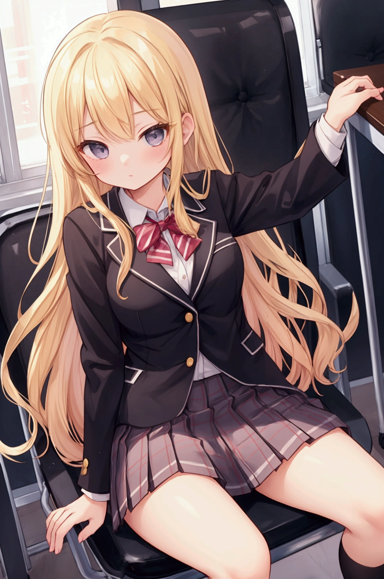 (((night,真night中))),((Dark atmosphere)),((Perfect Anatomy:1.2,Realistic:1.3,Raw photo:1.3,masterpiece、highest quality、Ultra - High resolution、High resolution、Extremely detailed CG、8k)),Cowboy Shot,((attractive way to sit)),((((Crouching pose)))),1 female,alone,、High school girl beautiful girl,Japanese,((Beautiful and exquisite face and eyes:1.2,Big beautiful eyes:1.3,)),(Brighten your eyes),((Beautiful woman))、Blonde,Long Hair,(Center parted hair:1.4,amount),Medium chest,((slim body)),Small Head:1.3,skinny,(Brown Skin:1.4),(Oily skin,Glowing Skin,Shiny skin,Sweat:1.2),(school uniform、Dark blue blazer jacket、Checkered pleated mini skirt),Dirty back alley、Tokyo、((Turn your body forward))、((((show panty)))),(lonely),((Feeling melancholy))、Stick out your crotch、(Apathy)，(Lucky)、((Expressionless))