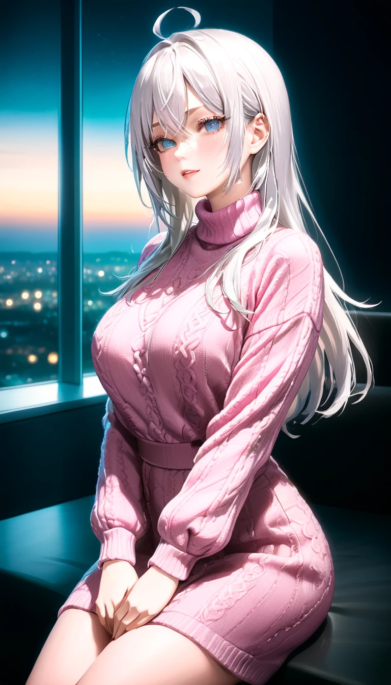 (breathtaking mature beauty,intellectual and elegant,luminous pink sweater,white hair,(best quality,masterpiece:1.2),full-length shot,perfect figure，ultra-clear,exquisite facial features,ultra-detailed,bokeh)