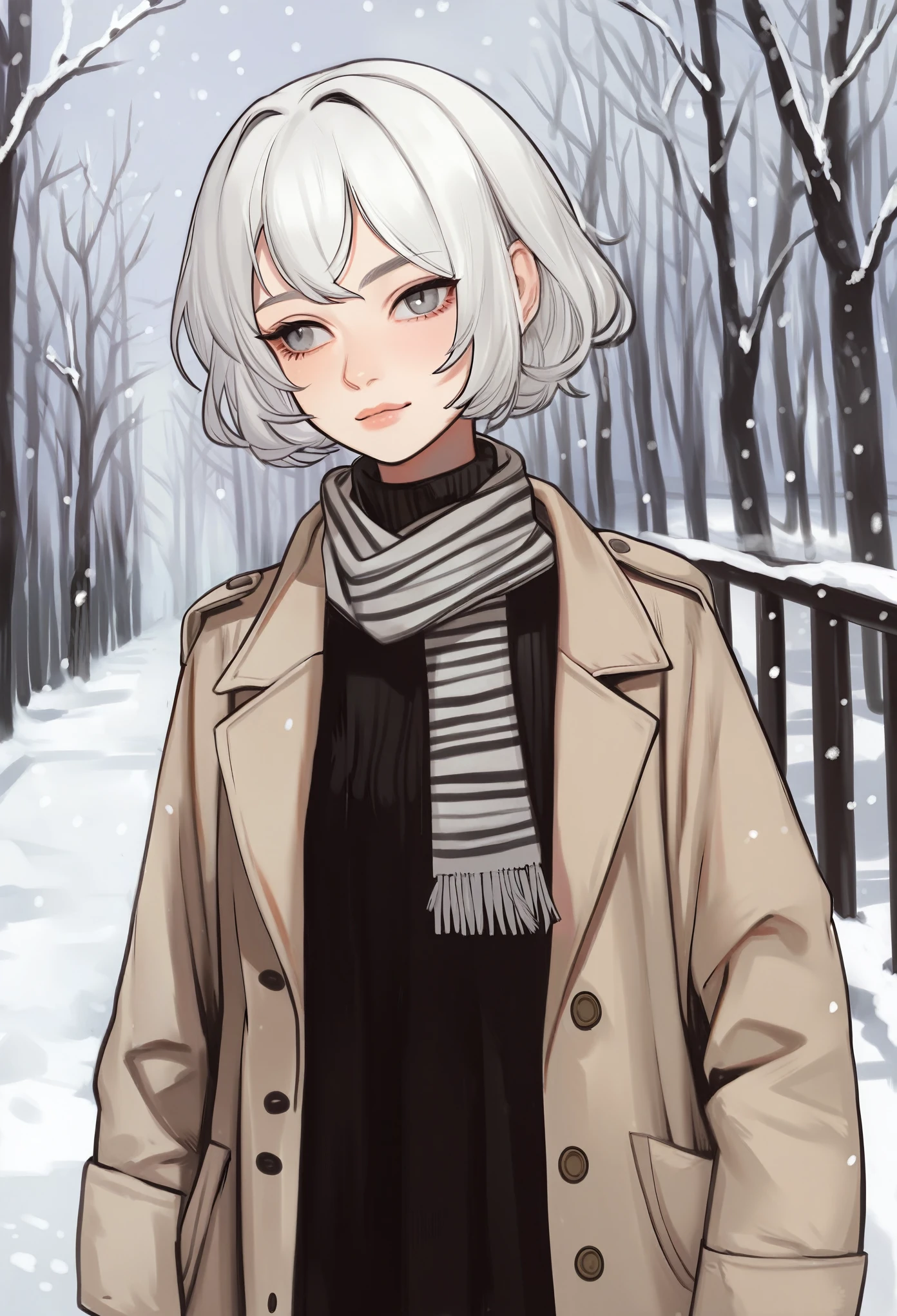 score_9, score_8_up, score_7_up, score_6_up, score_5_up, score_4_up, monochome, greyscale, 1girl, snowing, shoulder length white hair, grey eyes, looking to the side, neutral expression, striped scarf, black sweater, trench coat, photographic, painterly effect, 4k resolution, Highly detailed, Sharp focus
