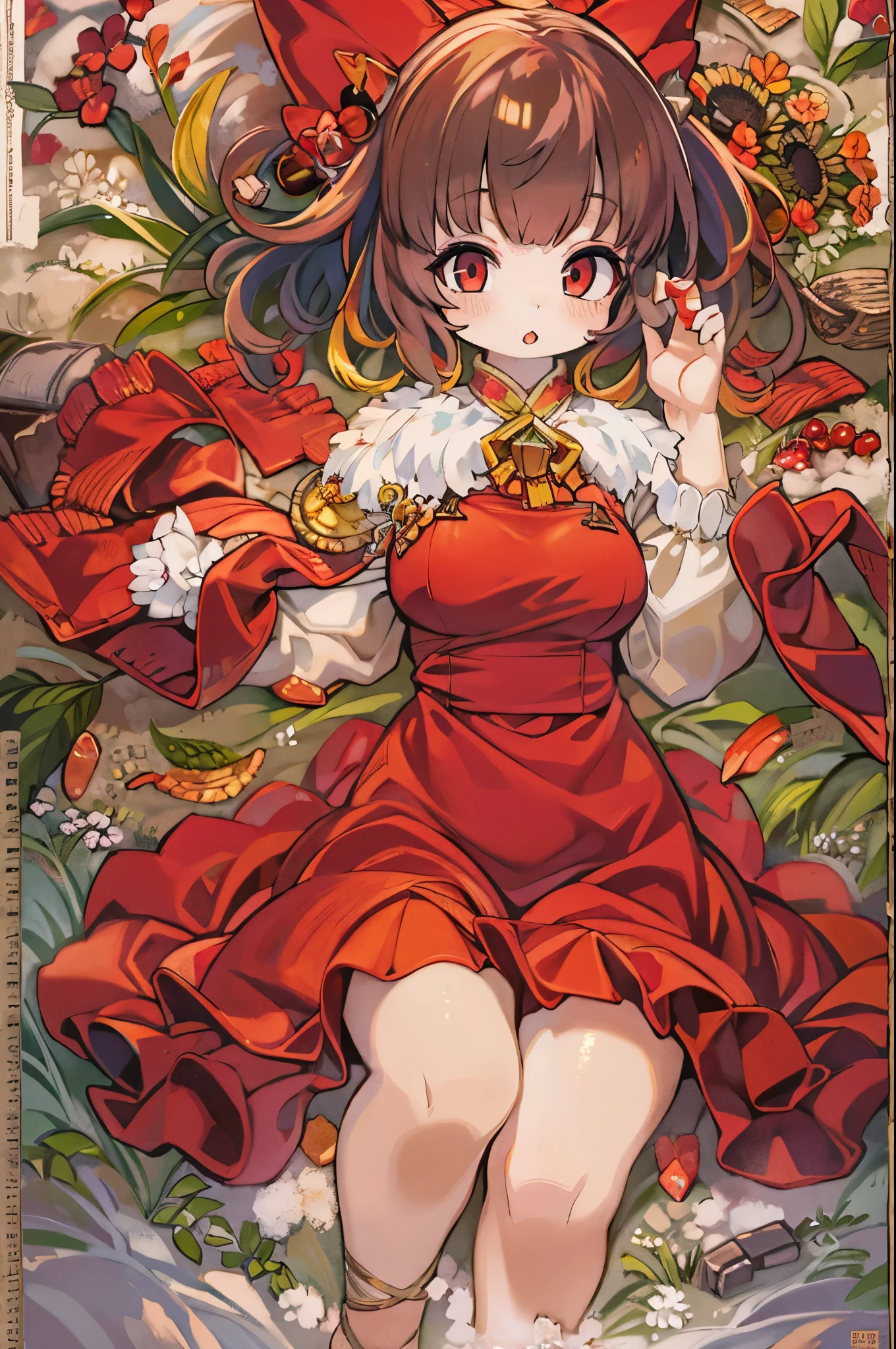 A girl sitting on a giant tomato-shaped cushion Red dress with ruffles (green ribbon headdress) red hairs (Tomatoes are growing all around.:1.5)