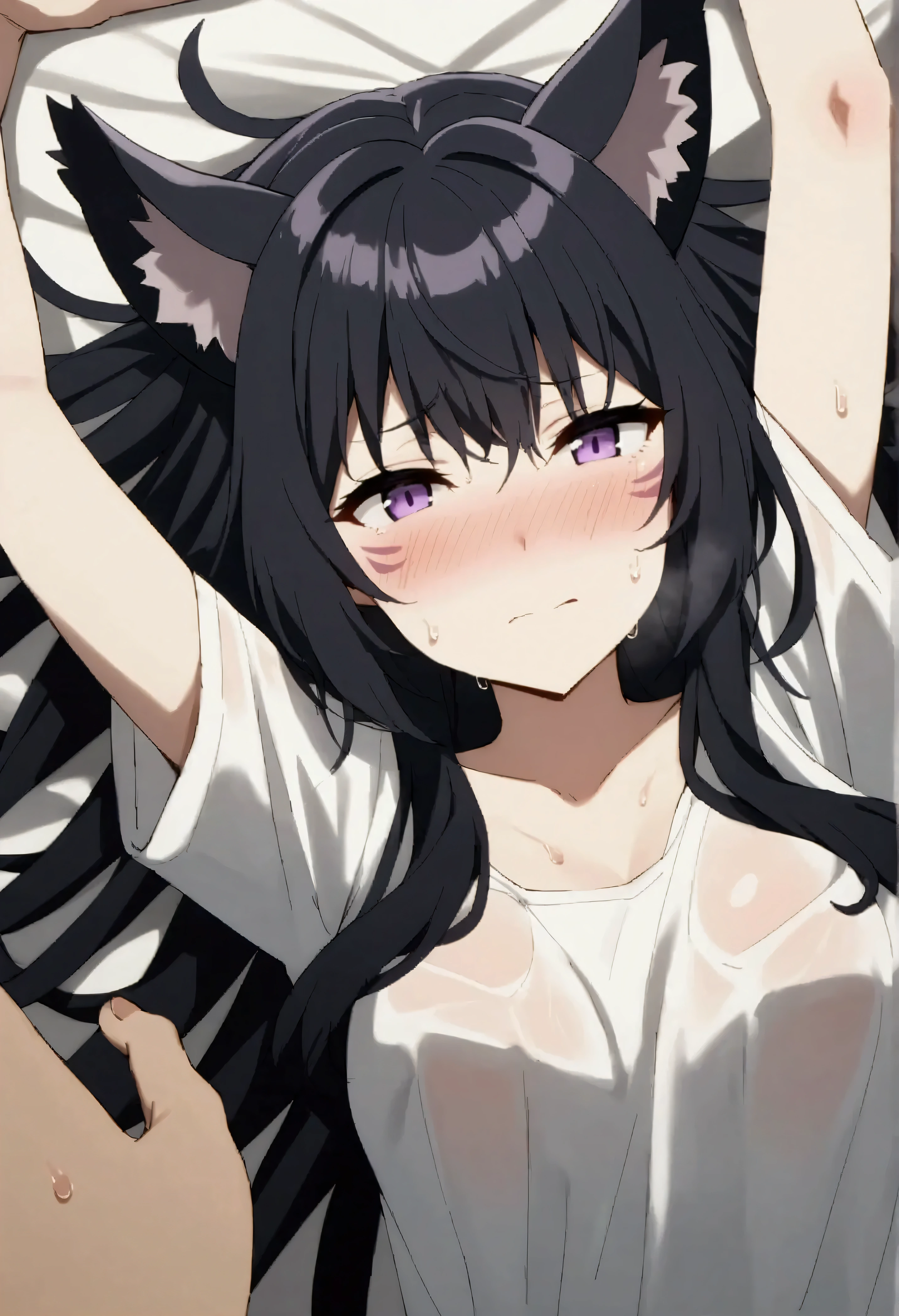 NSFW,masterpiece,Best Quality,High resolution,Very detailed,delta\(I want to be a powerful figure behind the scenes\),Long Hair、Black Hair、Animal ears、Purple Eyes、Cat ears、Animal earsの毛、Face mark、Oversized T-shirt,Damp shirt,Lustful face,Frustrated face,blush,Watery eyes,sweat,bed,Lying down,Lying on your back,Raise your arms,Reach out,視聴者に向かってReach out,Subjective,hug,From above,Turn your face to the side