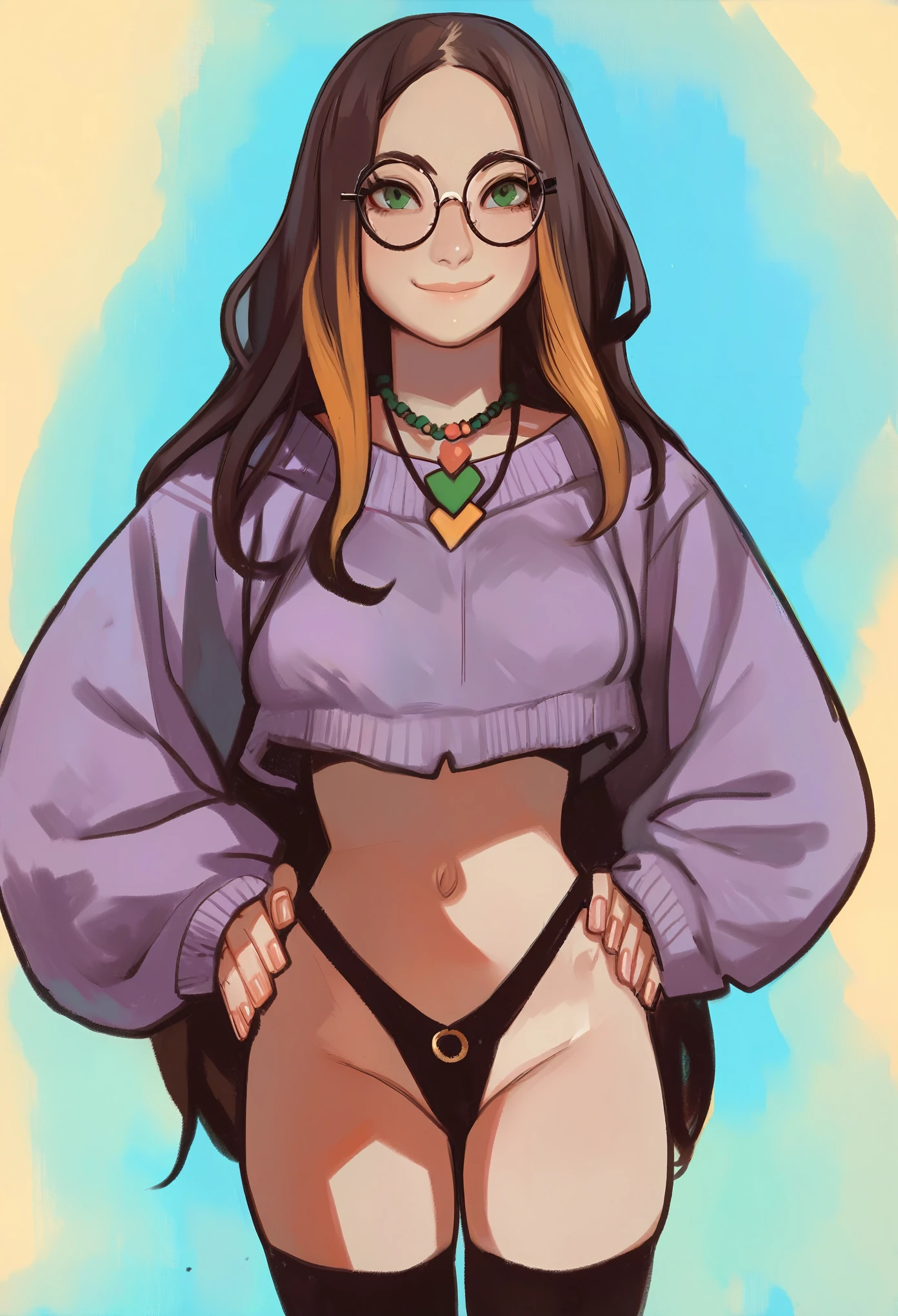 score_9, score_8_up, score_7_up,  source_cartoon, 1girl, (((solo))), cute, solo focus, Mable, brown hair, multicolored hair,  green eye, round eyewear, glasses,
jewelry, necklace, sweater, navel, midriff, black thong, long black stockings, medium breast, smile, closed mouth, looking at viewer, full figure, from front, both hands on hips, simple background,