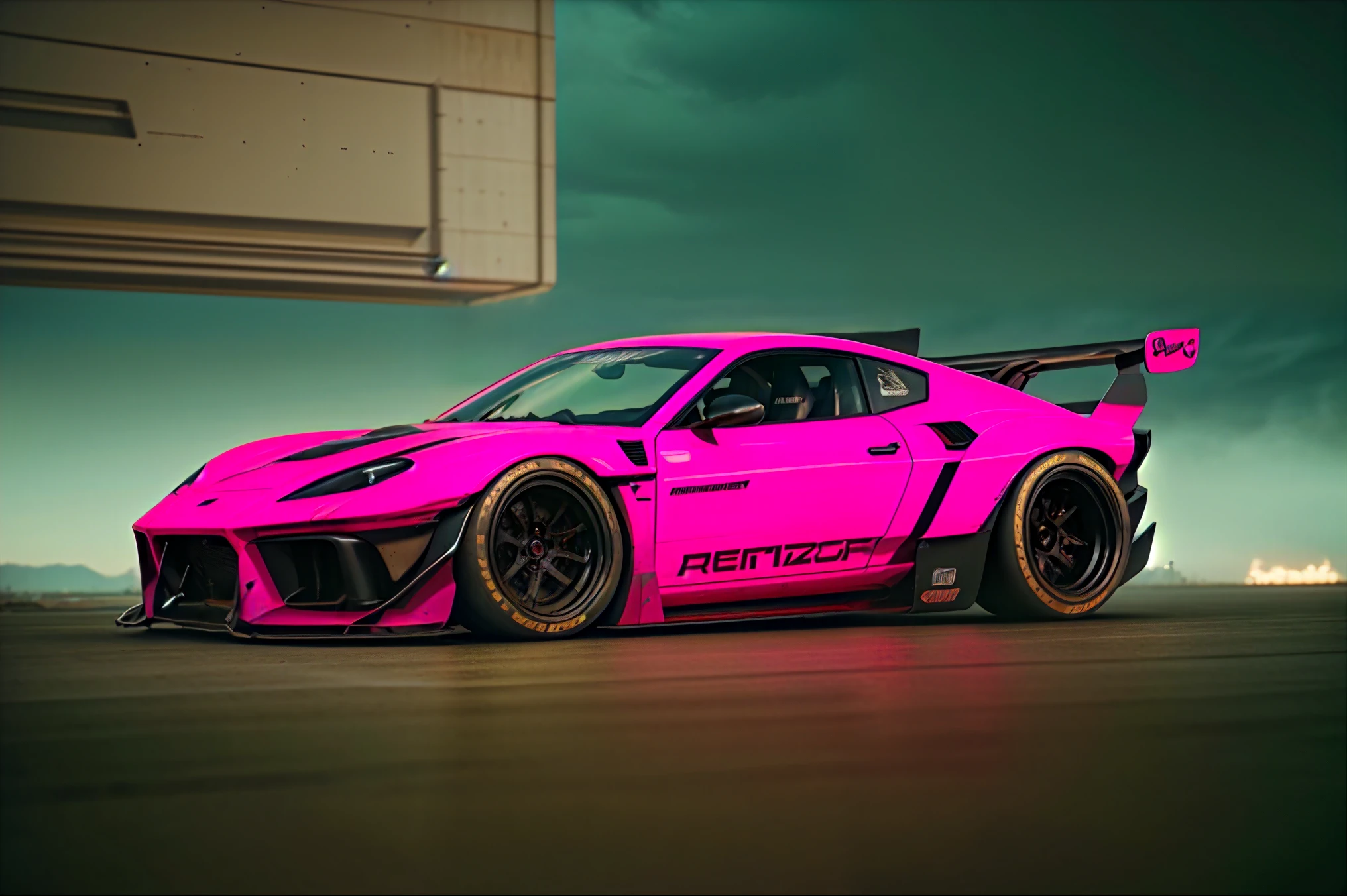 Supercar-forza game ready design, wide body, custom design build, cinematic, wide angle, studio light, tactical bodywork for supreme aerodynamics, (dirt neon grungy pink), broody and atmospheric, ominous sky, low light, vivid and gritty, retro futuristic sci-fi influences 