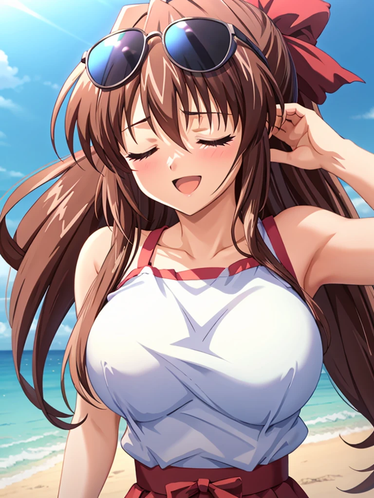 aoikan, 1cute girl, black sunglasses on head, happy smile, closed eyes, open mouth,tank top,dancing,dark skin,cute face,flushed cheeks,ponytail,from front,outdoor,sky,sunlight,cloud,daylight,ocean,beach,anime style,abstract,magical abstraction,masterpiece, extremely fine and beautiful,masterpiece,highly detailed