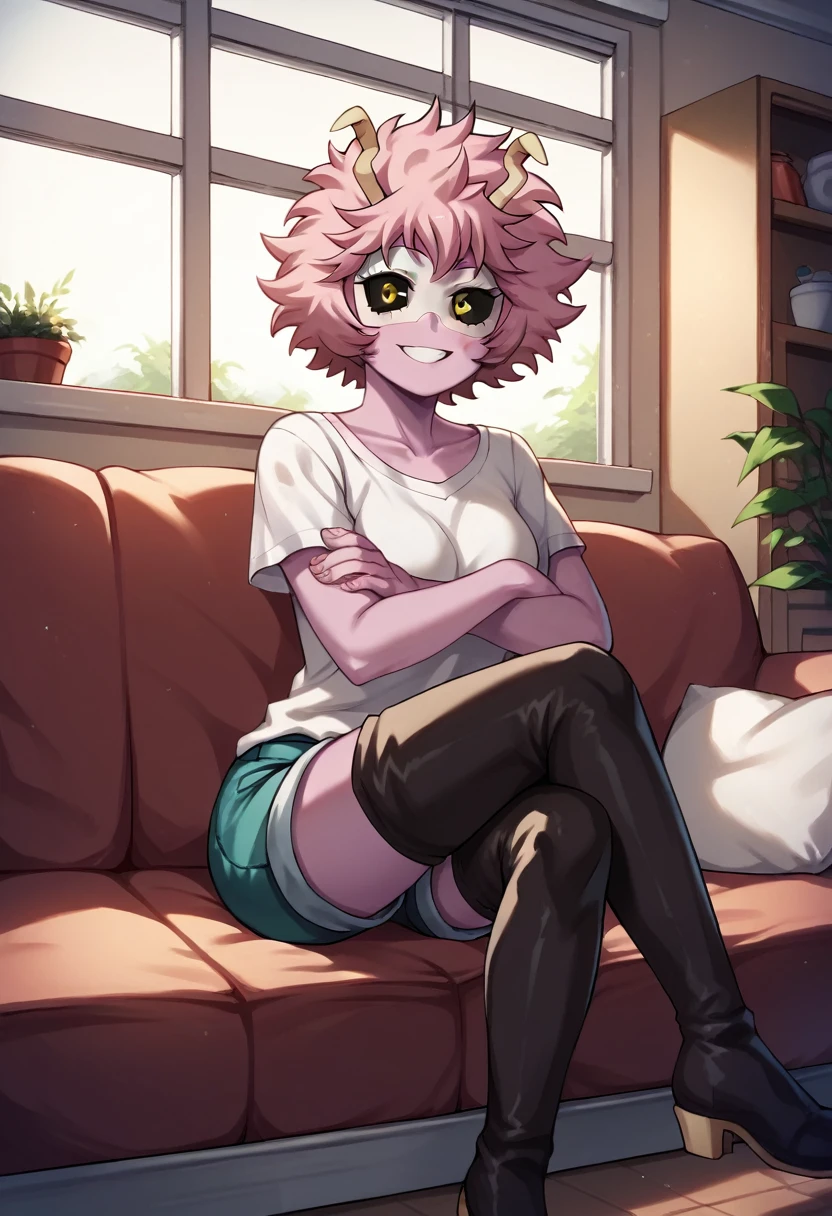 score_9, score_8_up, score_7_up, score_6_up, score_5_up, score_4_up, source_anime, 1girl, worth, mina ashido, smile, 1girl, solo, pink hair, default hair, messy hair, black eyeball, yellow eyes, pink skin, white shirt, shorts, black thigh high boots, looking at the viewer, crossed arms, rooms, kitchen, sofa, sit, long window, evening, apartment, best quality, best res, 4K UHD,
 