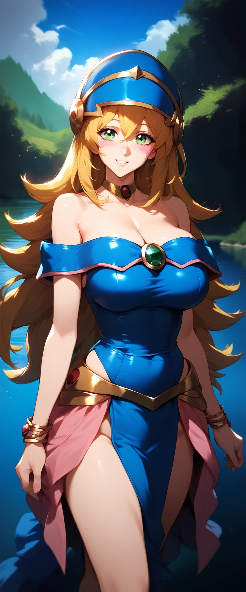 (masterpiece), (The best quality), (Very detailed), (high resolution), (8Khigh resolution), (The anime), (Beautiful detailed face and eyes), (textile shading), (COWBOY SHOT), (by the lake), admg, long hair, blonde, has, blue hat, green eyes, blushing stickers, breasts, choker, bare shoulders, cleavage, blue dress, bracelets, pelvic curtain, pink skirt, beautiful breasts, walking, smile,,