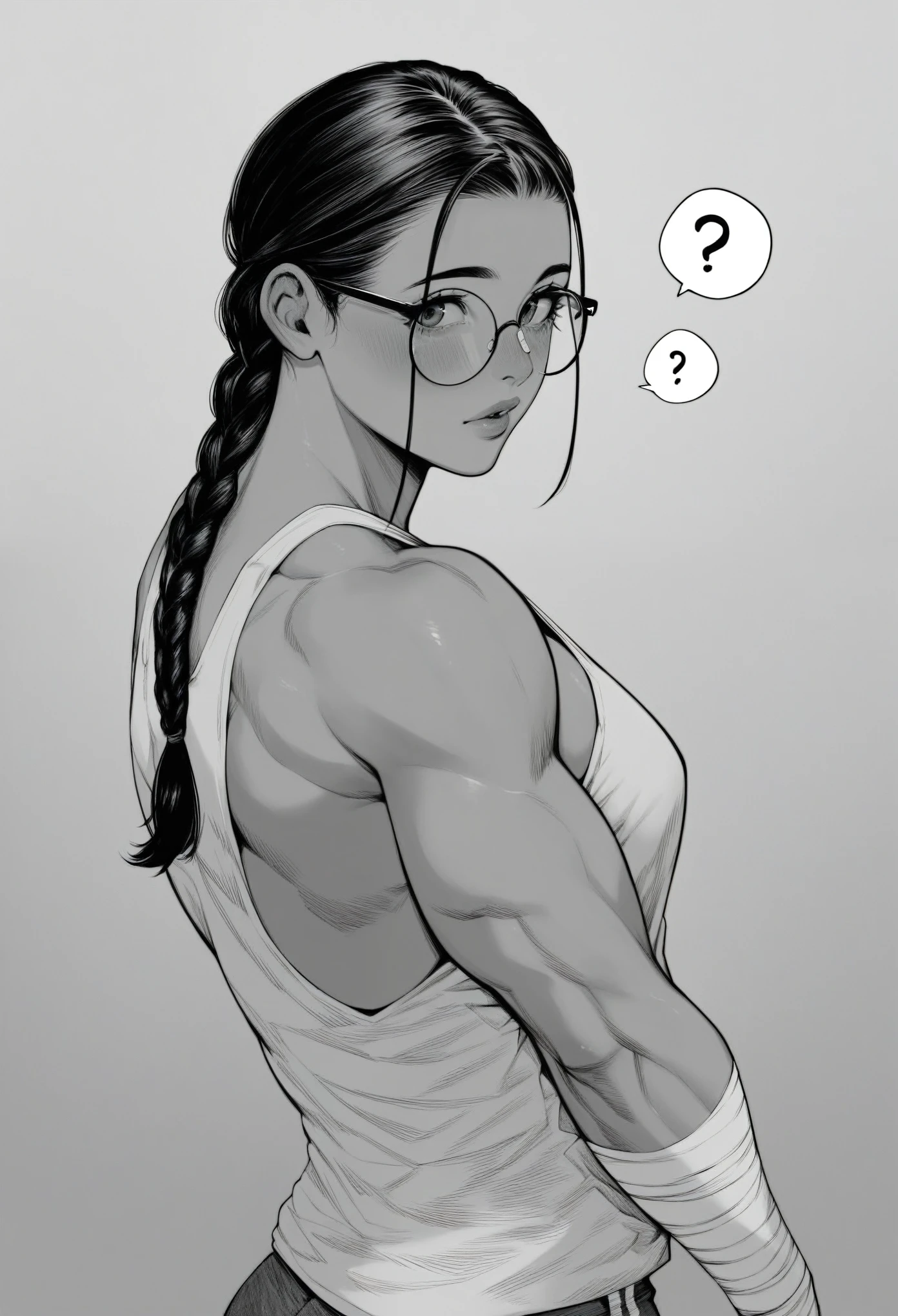 score_9, score_8_up, score_7_up, score_6_up, score_5_up, score_4_up, monochome, greyscale, 1girl,lean muscles, tank top, exposed abs, black braid, round glasses, looking back at viewer,, curious expression, spoken ?, bandages around forearms, athletic, defined back muscles, 4k resolution, Highly detailed, Sharp focus