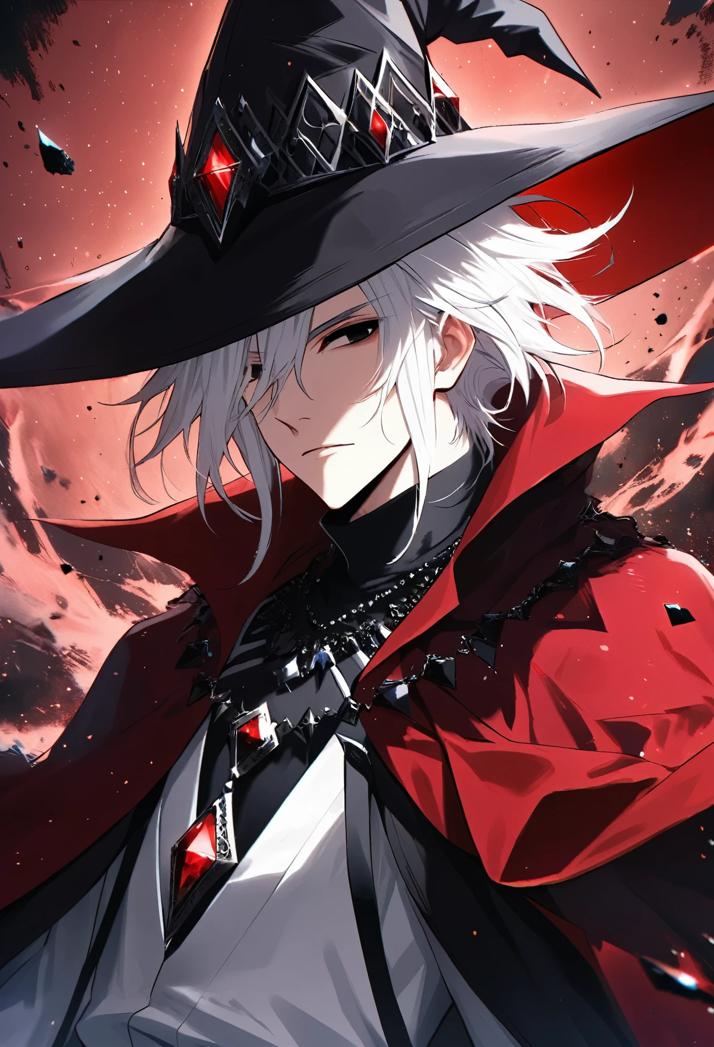 Solo, 1 male, medium white hair, black eyes, white shirt, black crystal necklace, red cloak, red point hat, wizard