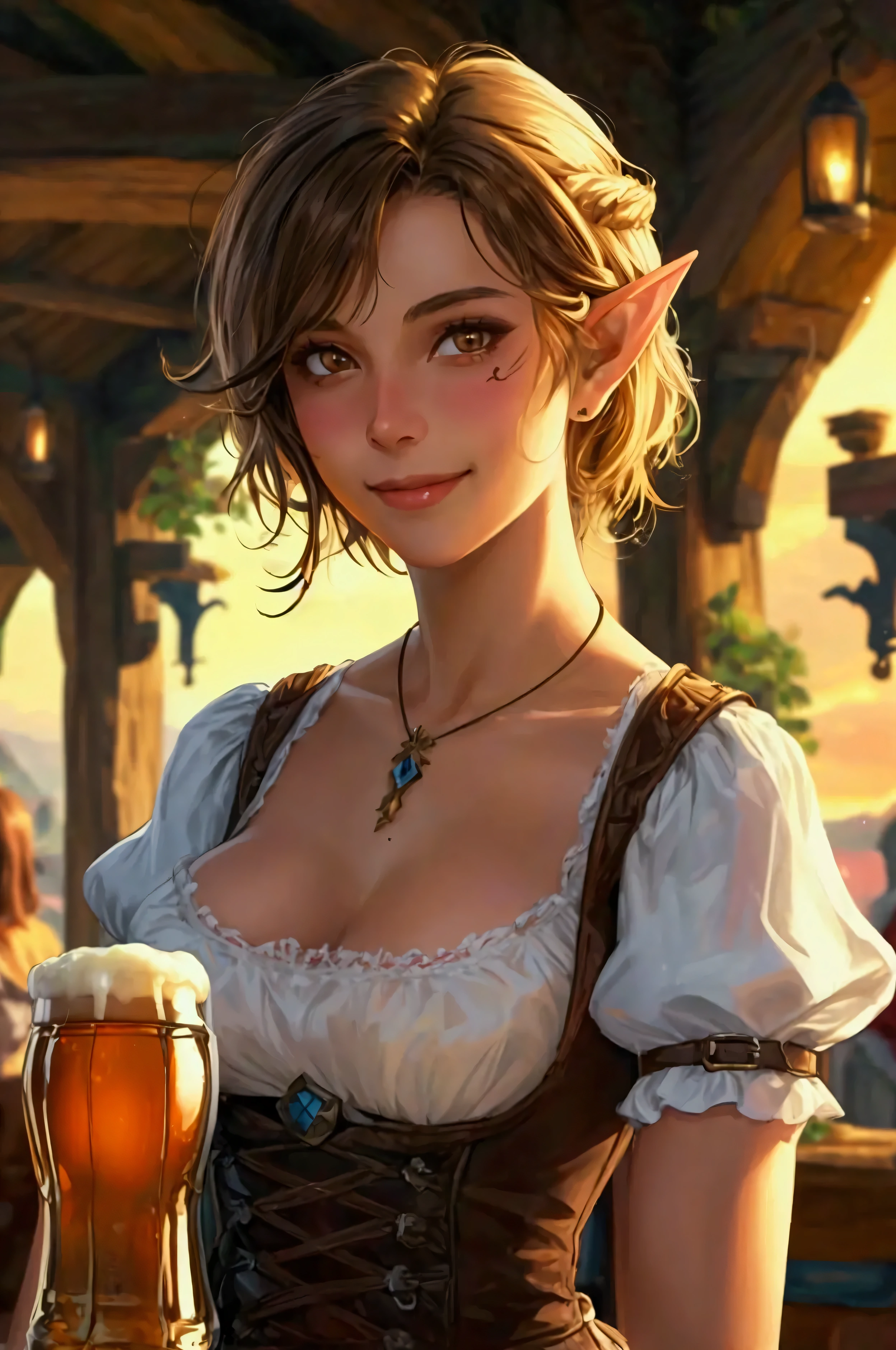 masterpiece, artstation, table in front of the tavern, sunny day, adventurer elf  woman with long hair sits and drinks beer,  naked girl dance on scene, in the background a valley,