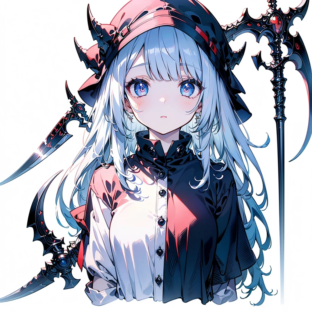 1girl,(((Best Quality、Masterpiece、Super detailed、High definition、The best composition、3Ⅾ、HHD)))、 （Beautiful eyes、Super detailedな目）、devil、 dark, Huge military scythe,Simple Background、dark、Darkness、