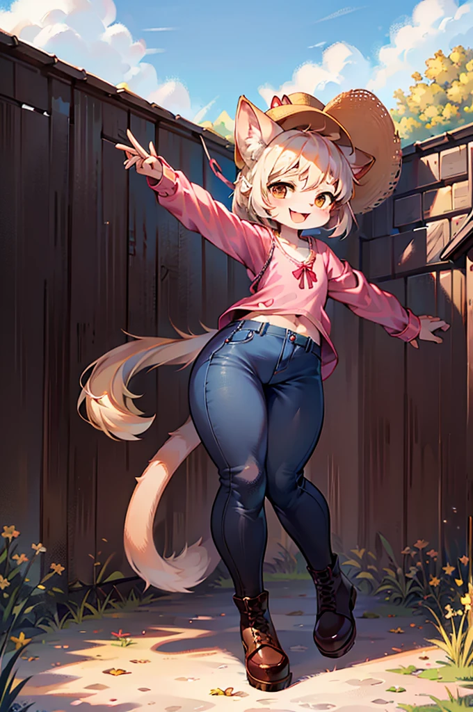 girl, Small、 Cute face,Cat mouth、Laughing with your mouth open,An innocent smile,long cat ears, Pink Check Shirt, jeans, Leather boots, Straw hat with ribbon, Dynamic pose、farm background, Highly detailed background, high quality, high detail, Perfect Anatomy, Very fine grain, HD quality