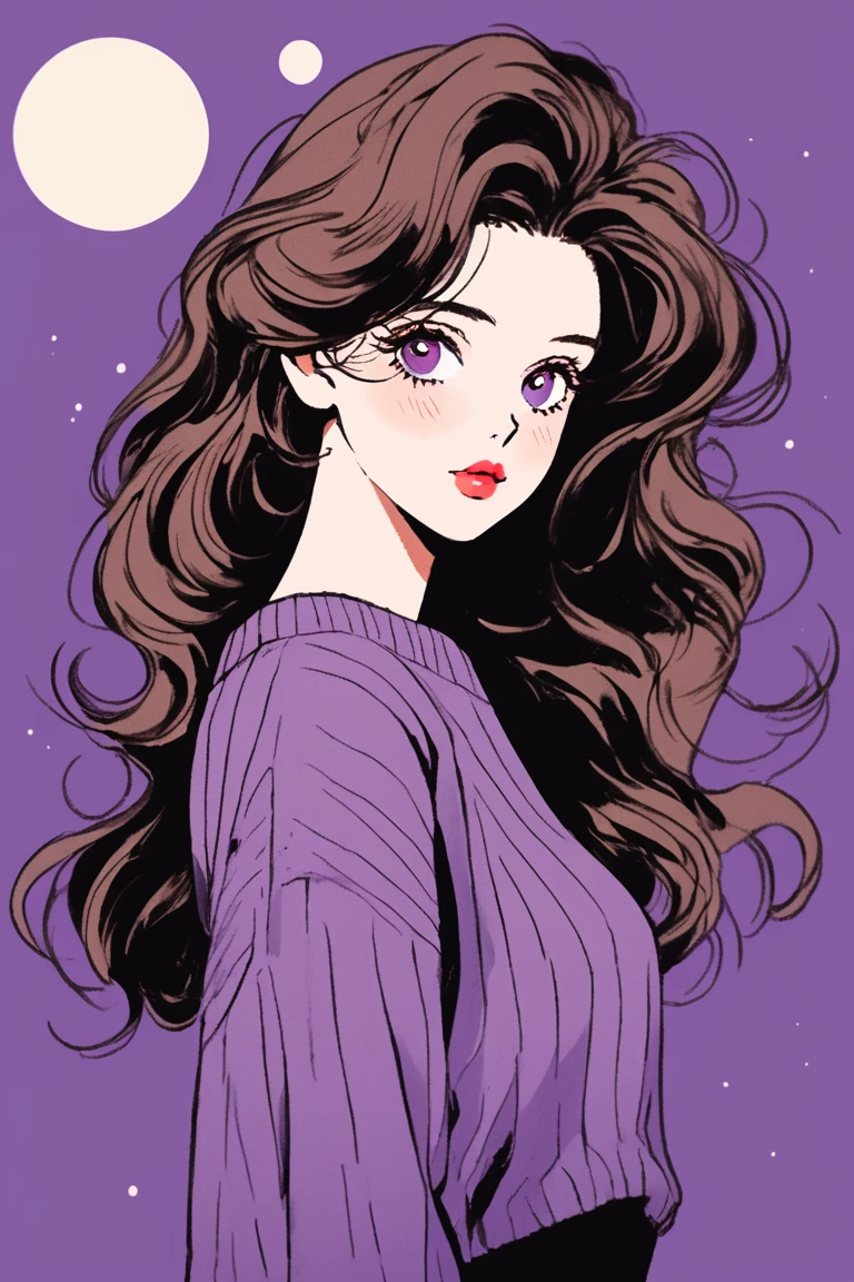 (Highest quality, sketch:1.2),Realistic,Illustrator,アニメ,1 Girl, Detailed lips,sweater,custom,sinple background,brown Hair,masterpiece, Style: Retro Classic, Dark Black、Under the MoonLong Hair、Fair skin,Side Tail with a single knot、beautiful girl、Real、cute、Purple Eyes